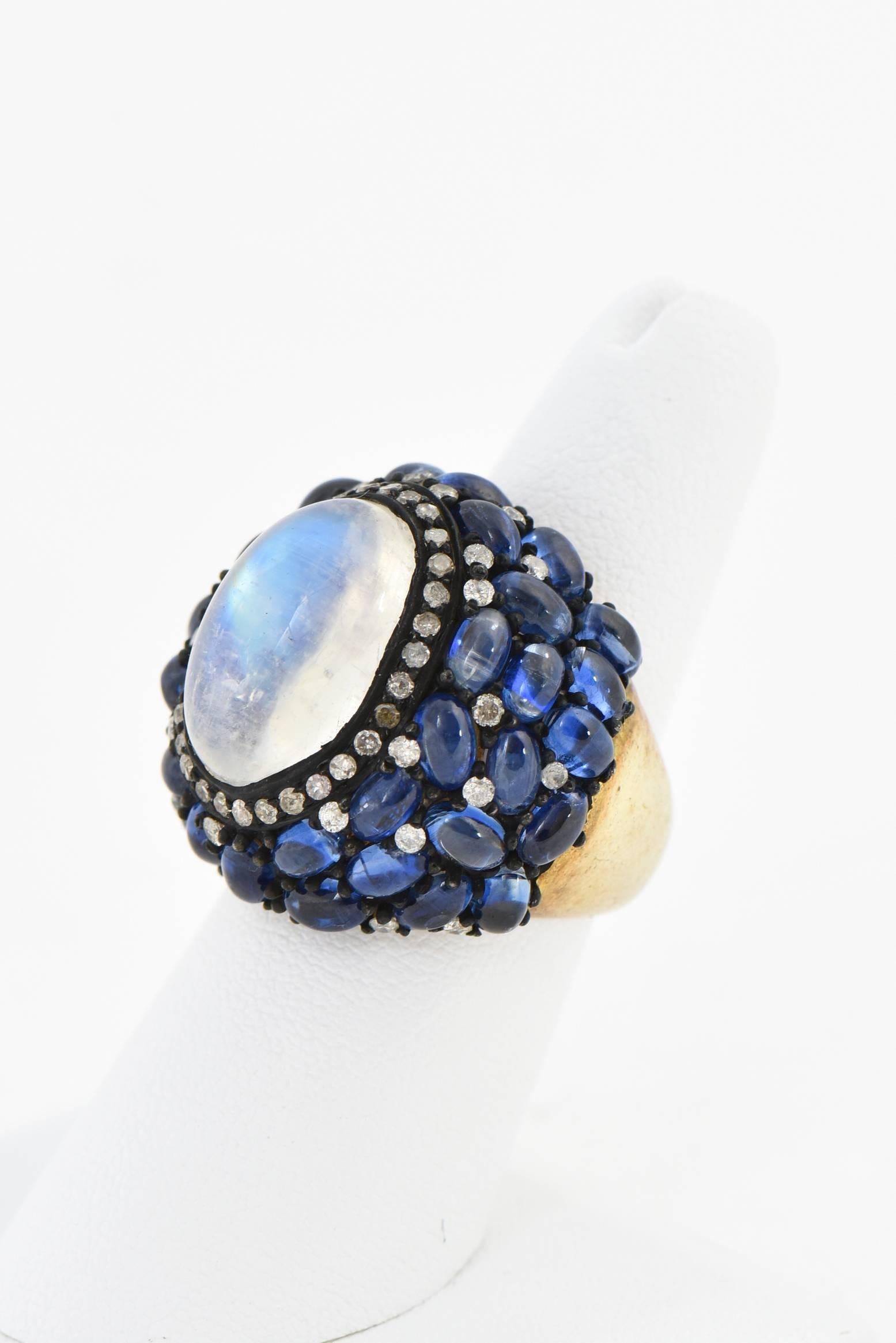 Moonstone, Kyanite and Diamond Cocktail Ring For Sale 3