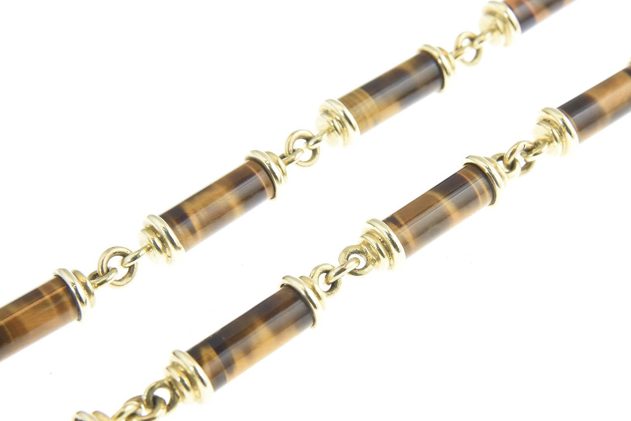 Women's 1970s Tiger's Eye Pillars with Gold Caps Necklace