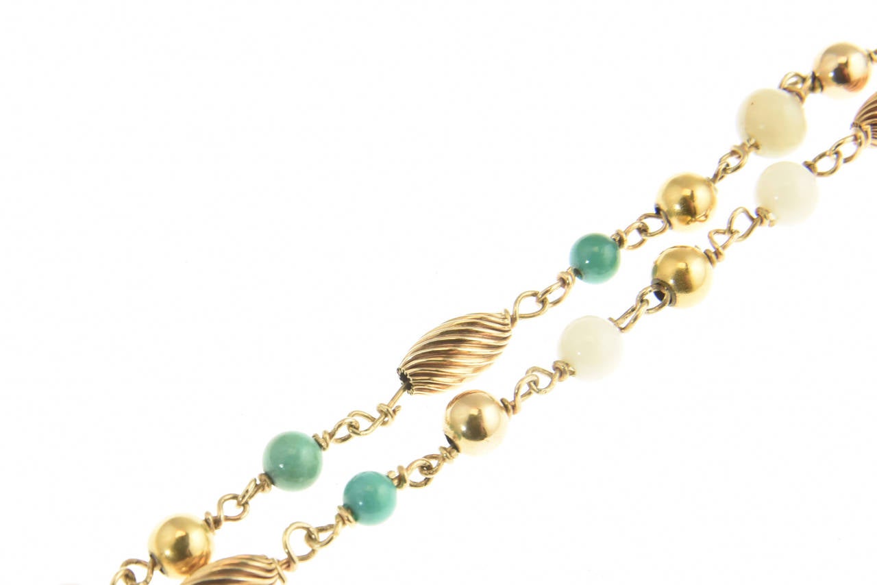 Bead Cleopatra Inspired Turquoise and Gold Necklace with Victorian Pietra Dura Clasp For Sale