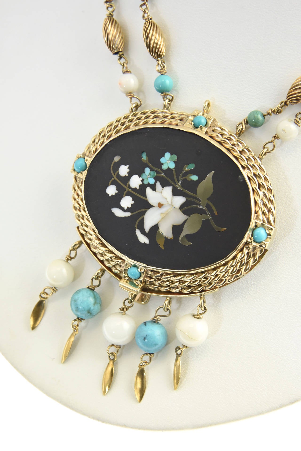 Cleopatra Inspired Turquoise and Gold Necklace with Victorian Pietra Dura Clasp For Sale 3