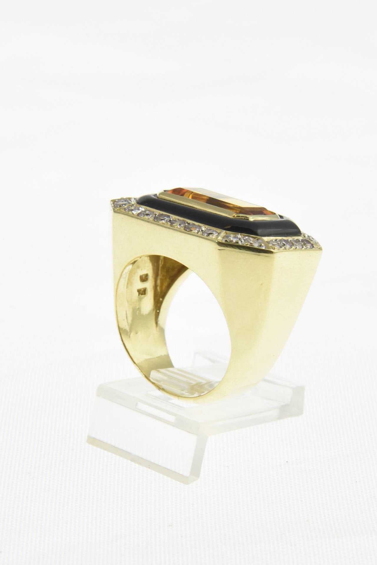 Late 20th Century Geometric Citrine Onyx Diamond Gold Cocktail Ring In Excellent Condition In Miami Beach, FL