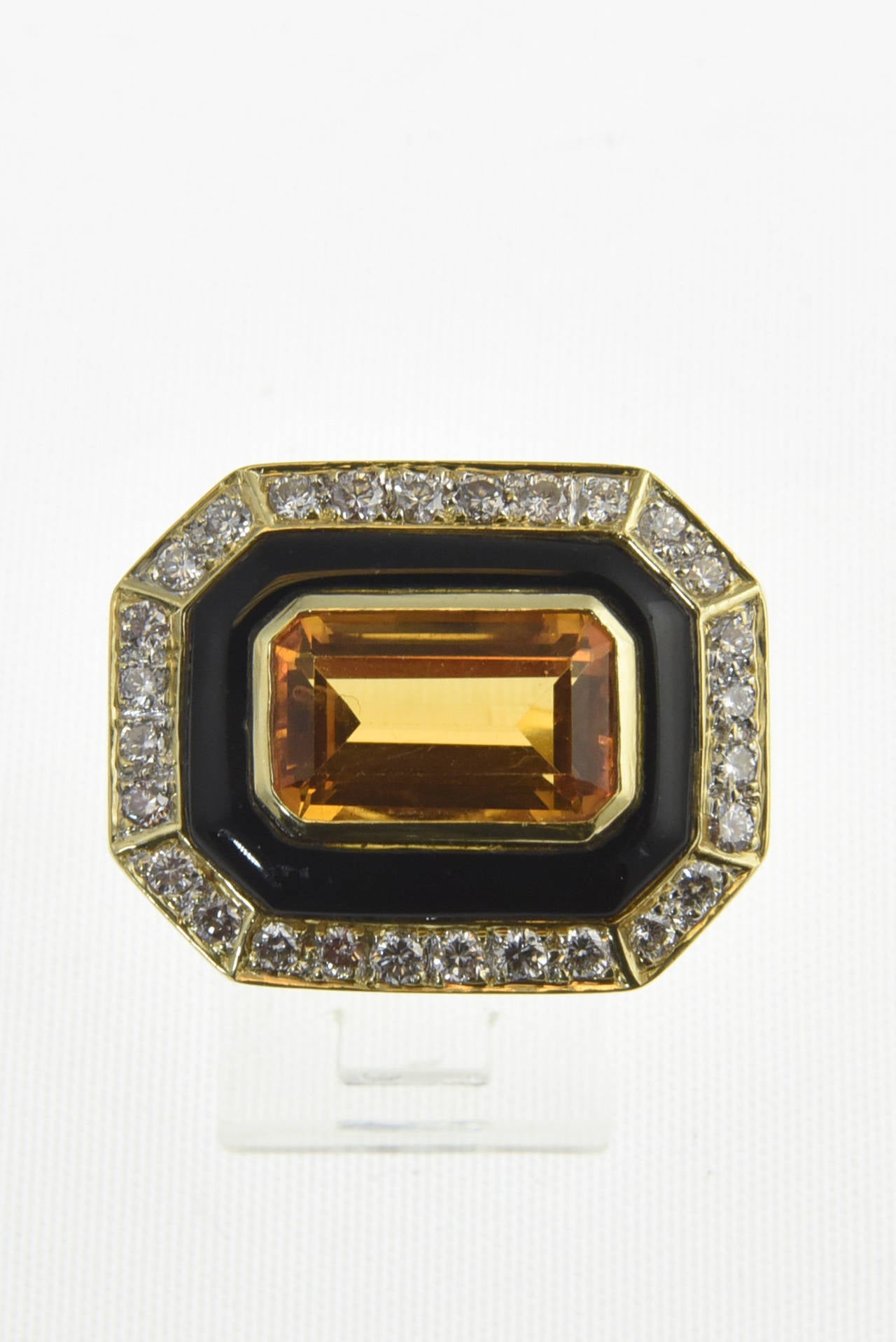 Women's Late 20th Century Geometric Citrine Onyx Diamond Gold Cocktail Ring