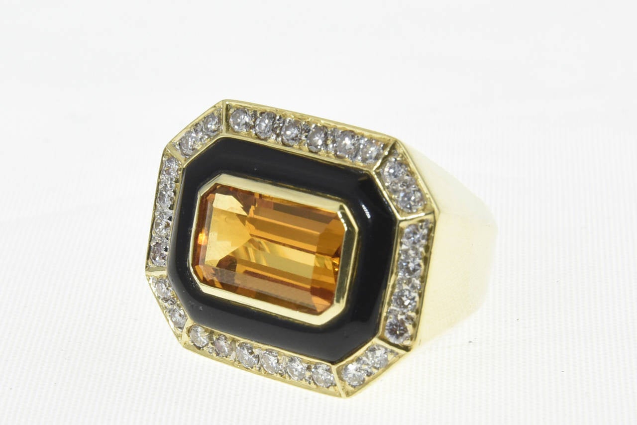 Late 20th Century Geometric Citrine Onyx Diamond Gold Cocktail Ring 1