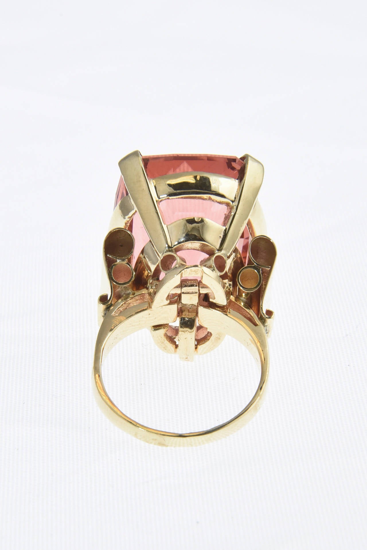 Cushion Cut Large Rare Color Peach Pink Tourmaline Gold Cocktail Ring For Sale