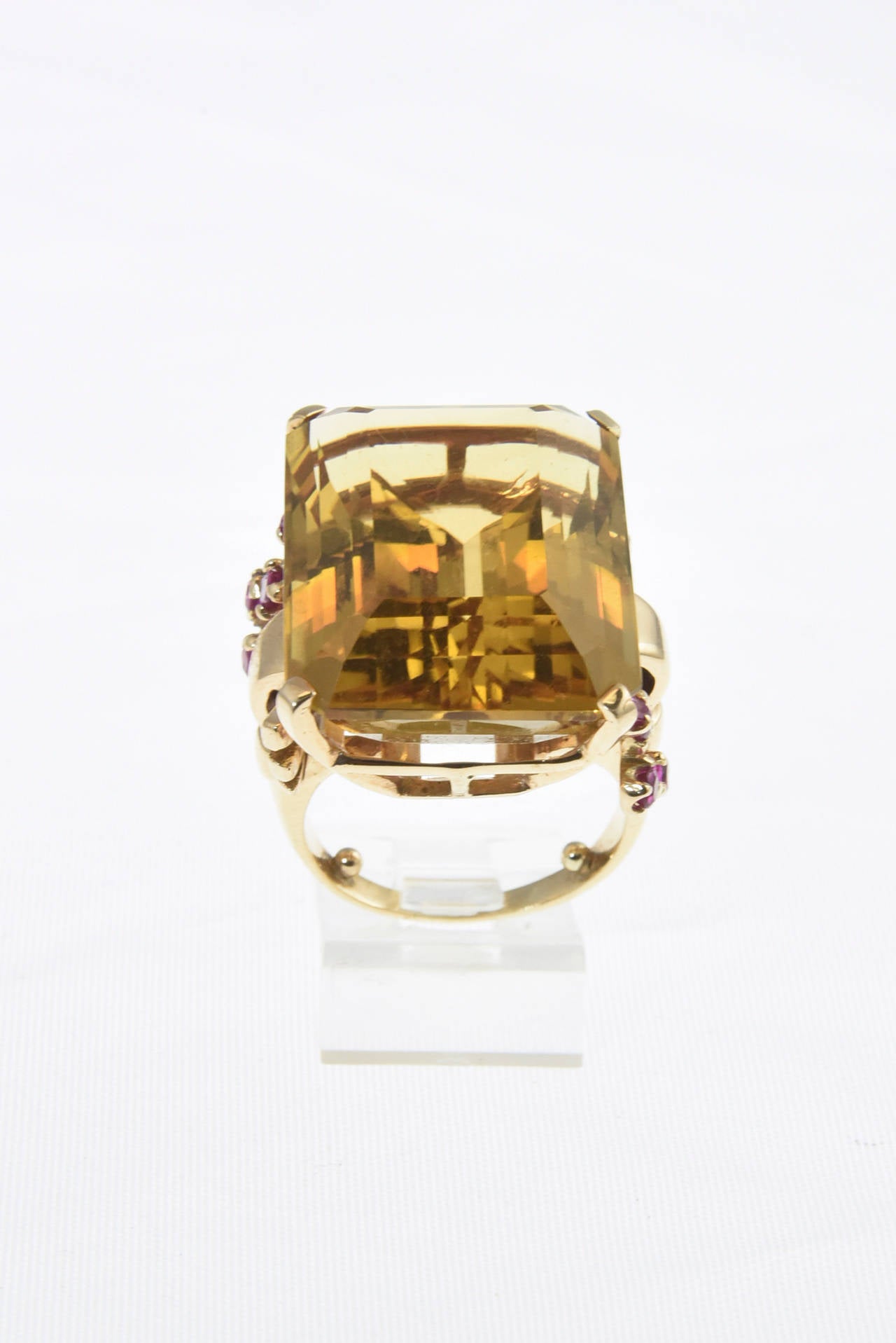 Emerald Cut 1940s Retro Citrine and Ruby Rose Gold Ring