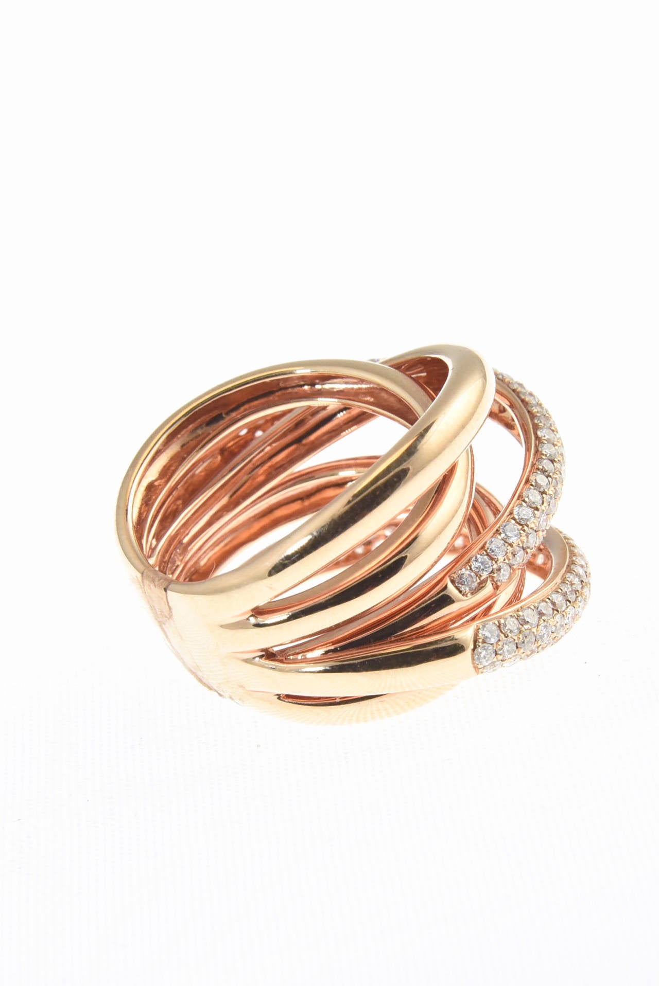 Women's Three-Dimension Pave Diamond Rose Gold Overlapping Band Ring For Sale