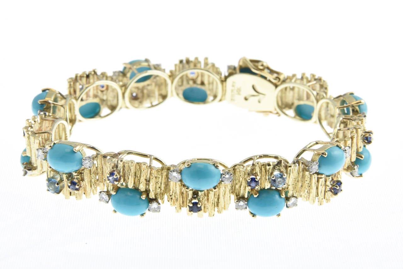 1960s Turquoise, Sapphire, Diamond and Topaz Gold Bracelet and Earrings In Excellent Condition In Miami Beach, FL