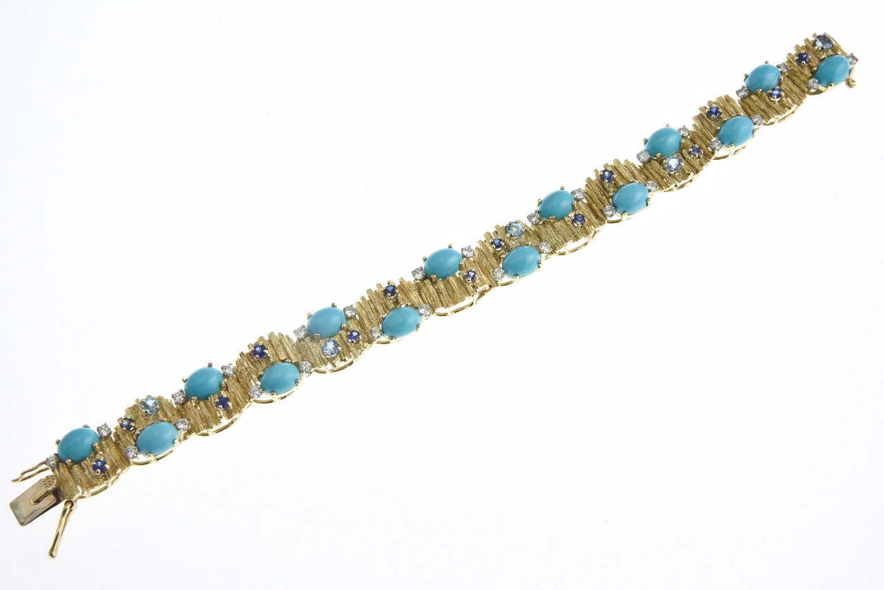 Women's 1960s Turquoise, Sapphire, Diamond and Topaz Gold Bracelet and Earrings