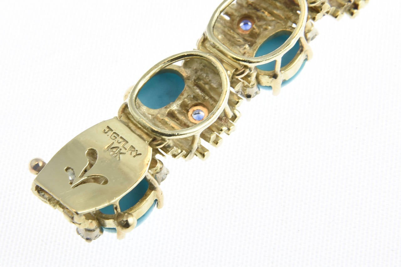 1960s Turquoise, Sapphire, Diamond and Topaz Gold Bracelet and Earrings 2