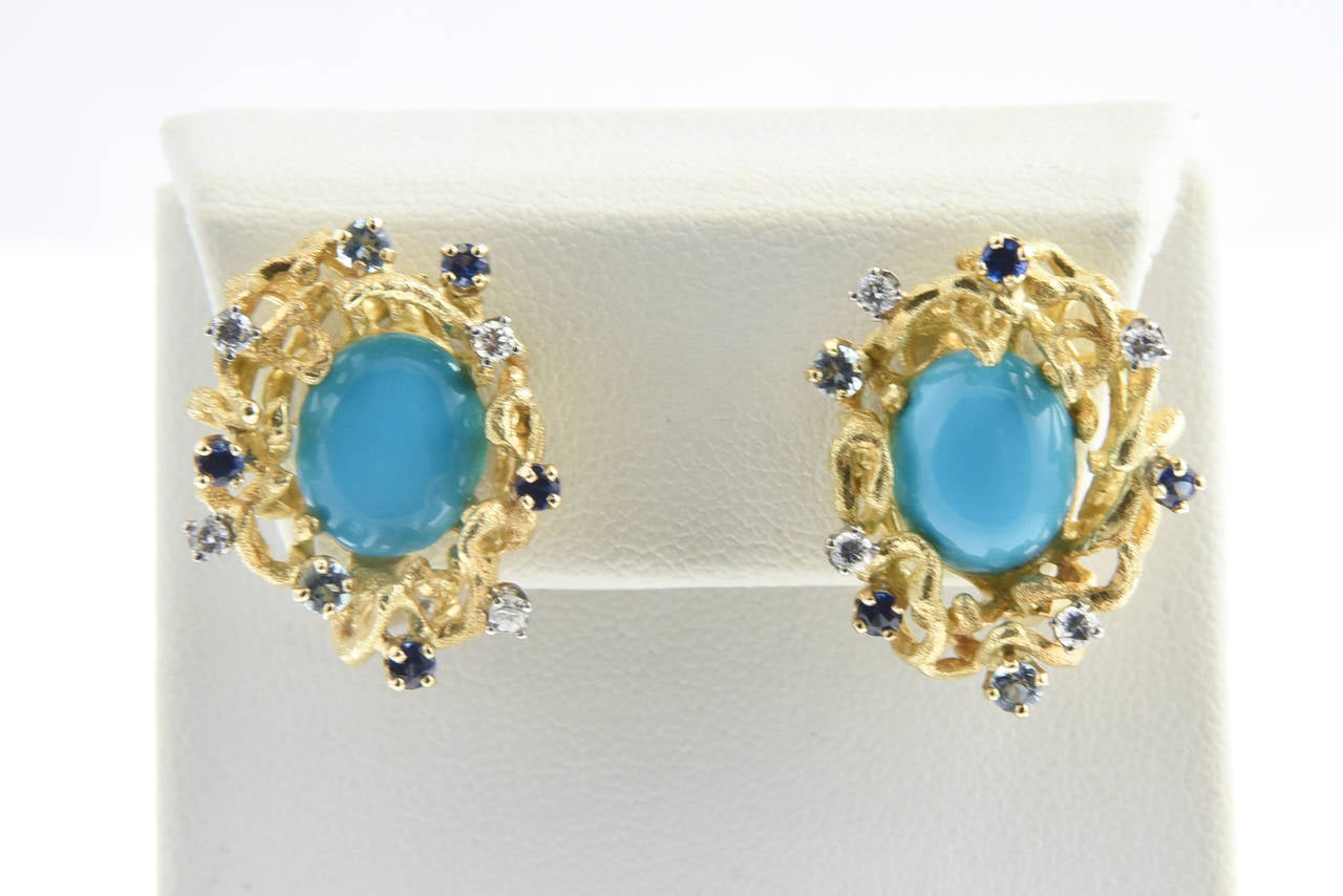 1960s Turquoise, Sapphire, Diamond and Topaz Gold Bracelet and Earrings 3