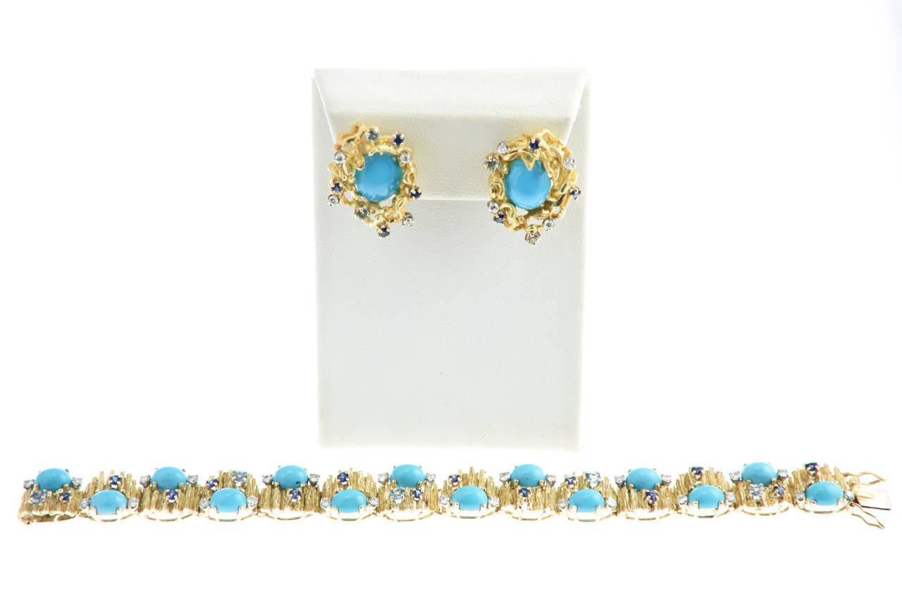 1960s Turquoise, Sapphire, Diamond and Topaz Gold Bracelet and Earrings 4