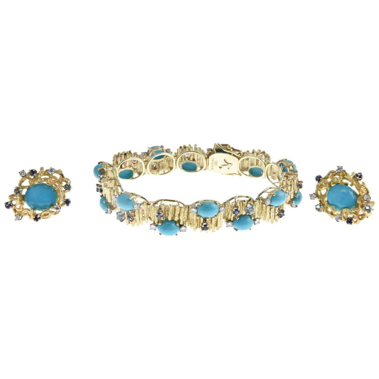 1960s Turquoise, Sapphire, Diamond and Topaz Gold Bracelet and Earrings