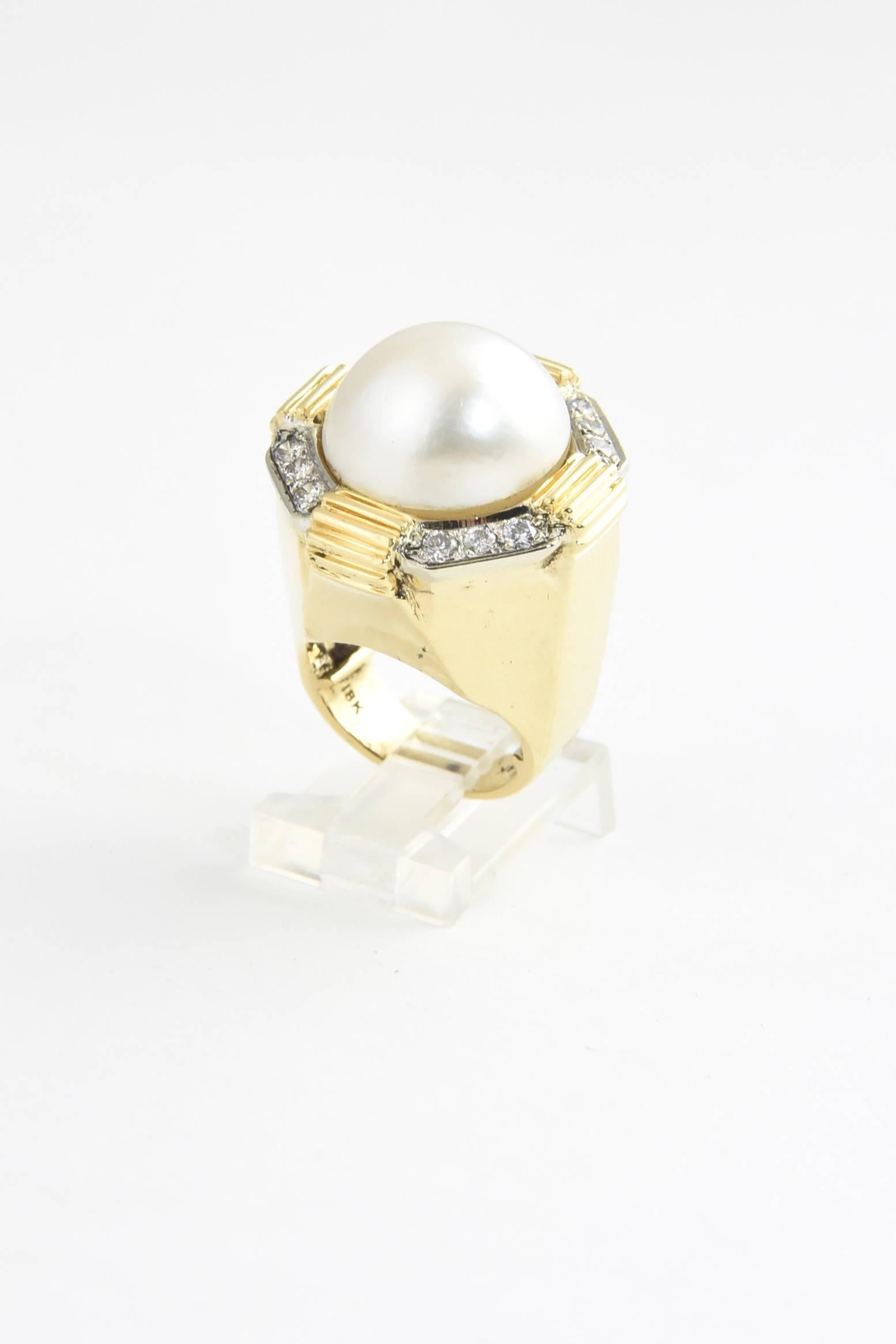 Women's 1980s Geometric Mabe Pearl Diamond Gold Earrings and Ring Suite