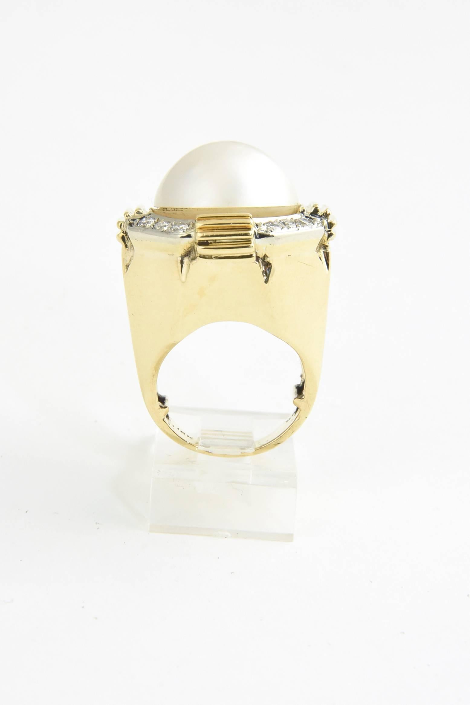 1980s Geometric Mabe Pearl Diamond Gold Earrings and Ring Suite 1
