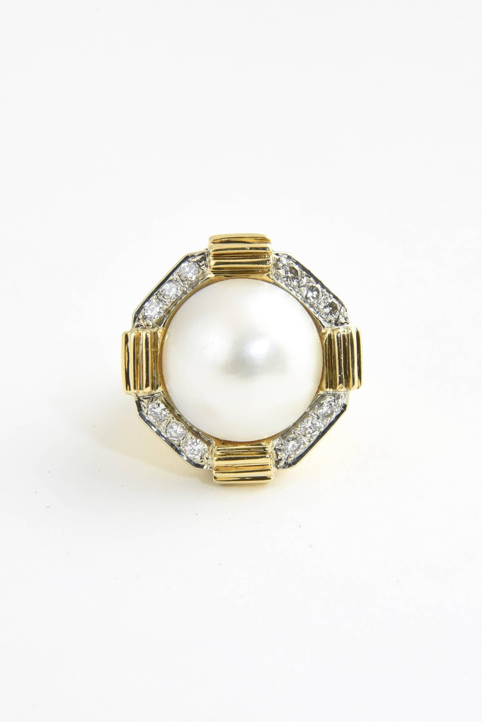 1980s Geometric Mabe Pearl Diamond Gold Earrings and Ring Suite 2
