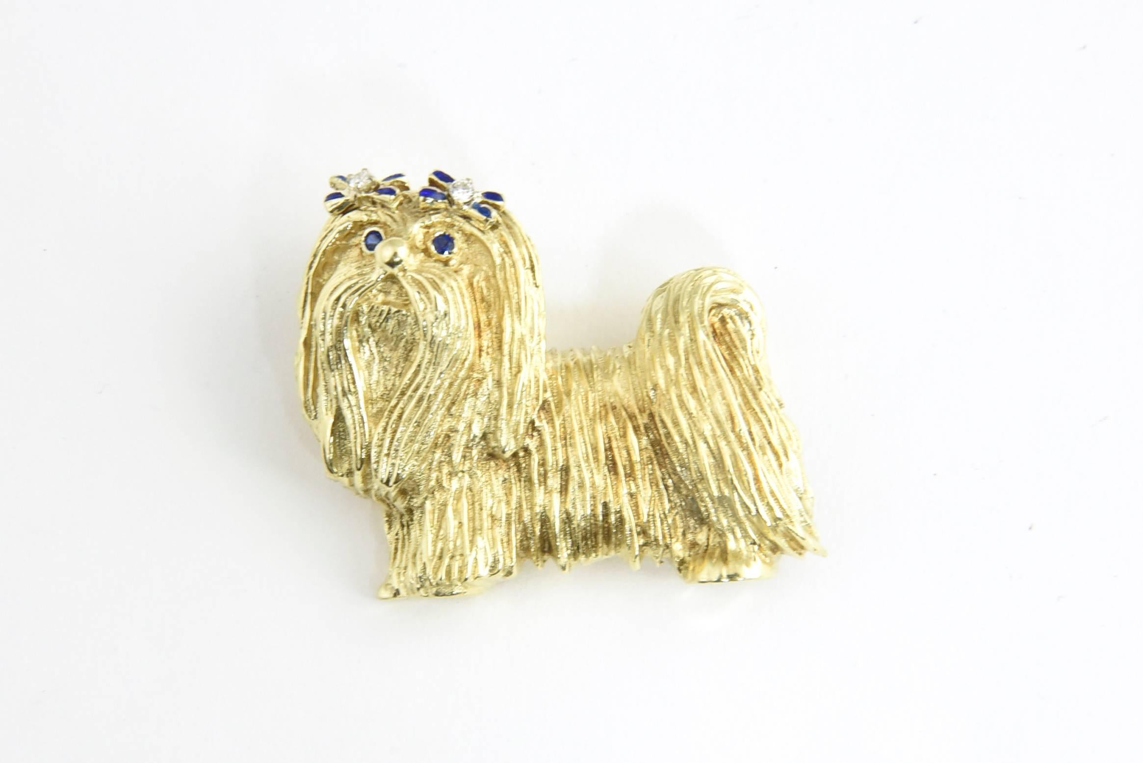 Women's or Men's Adorable Sapphire Diamond Gold Little Dog Brooch