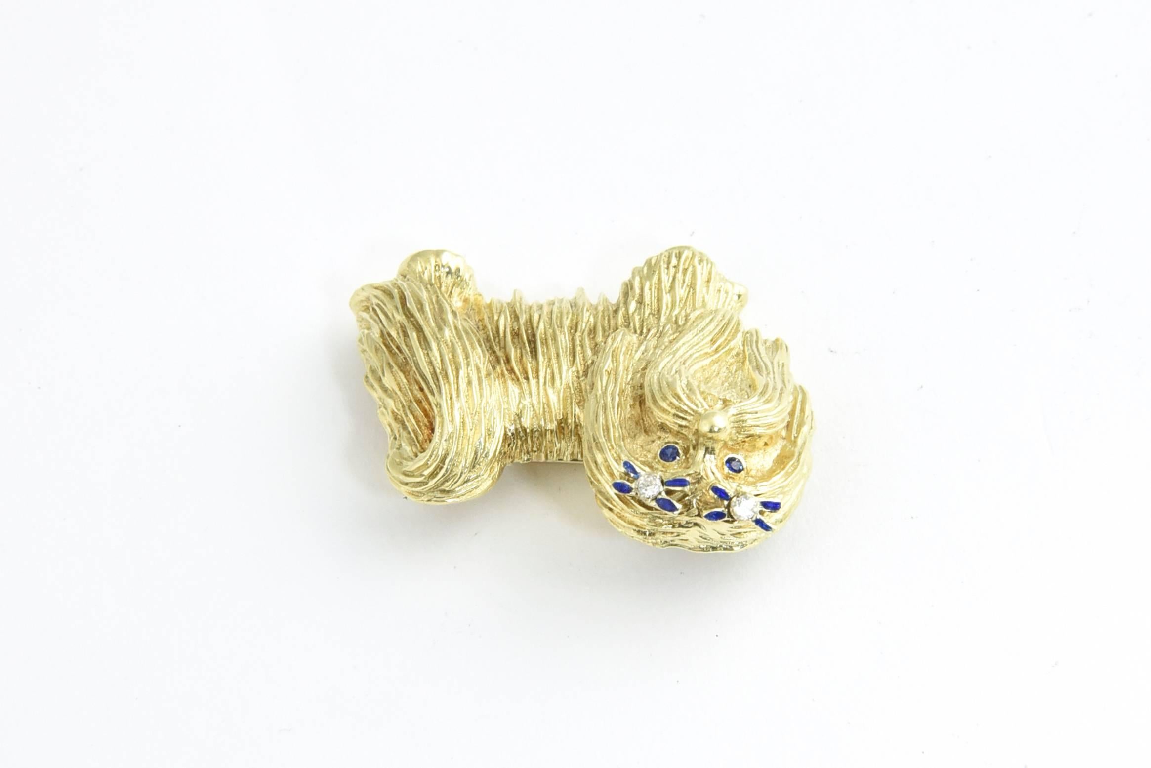 Adorable Sapphire Diamond Gold Little Dog Brooch 4