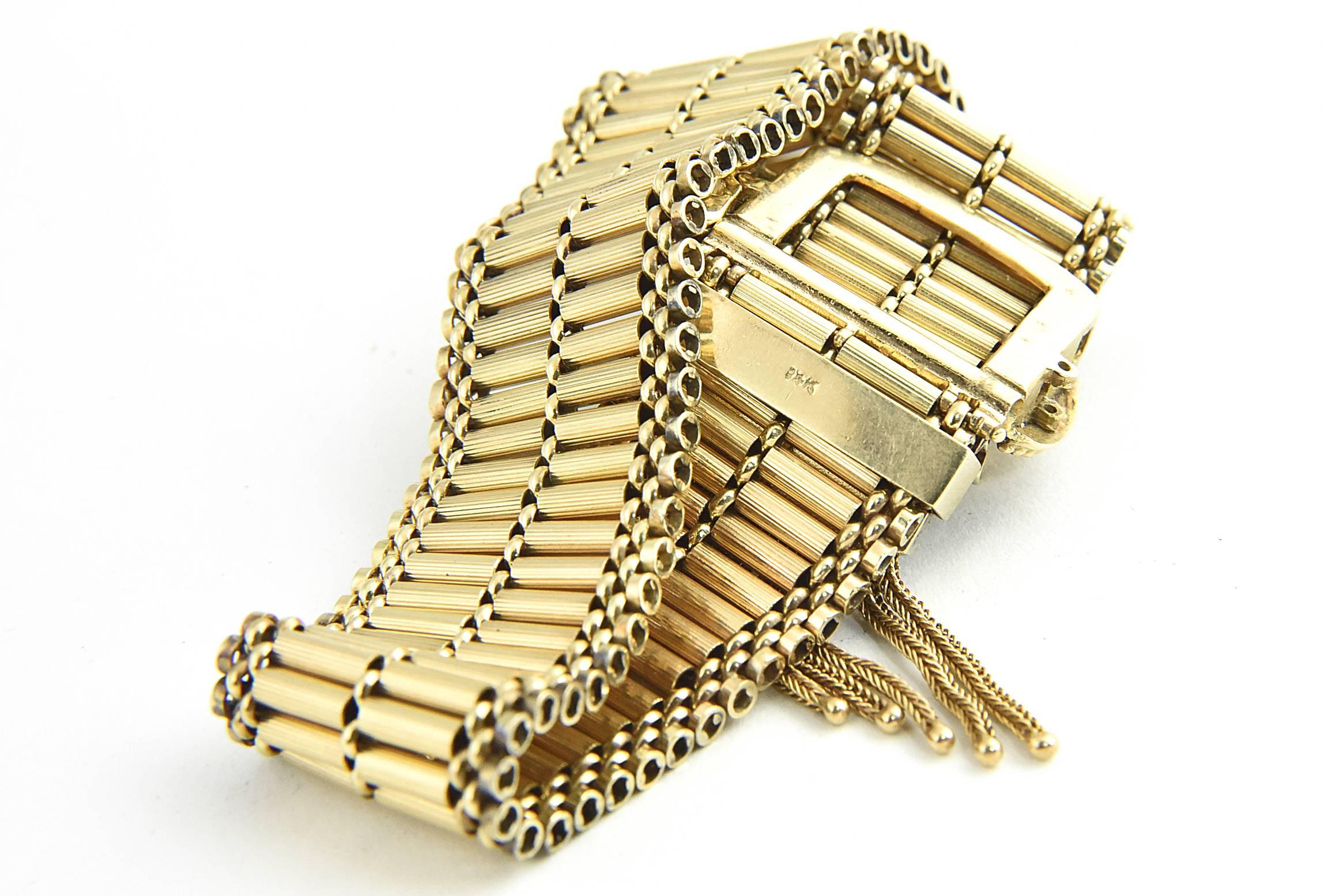 Women's 1950s Victorian Revival Gold Buckle Bracelet with Tassels