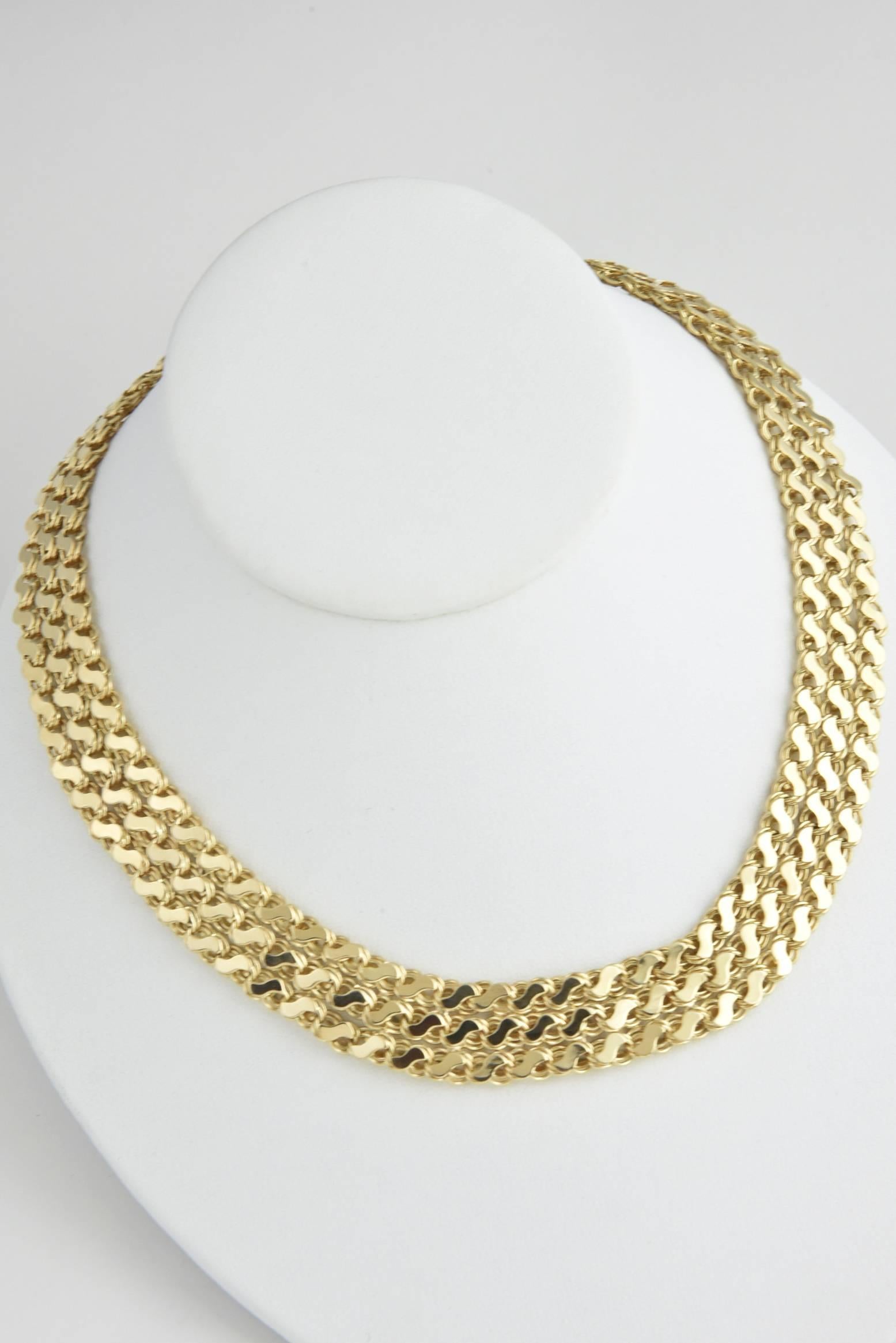 Mid Century Wide Triple Row Interwoven Gold S Link Chain Necklace 1