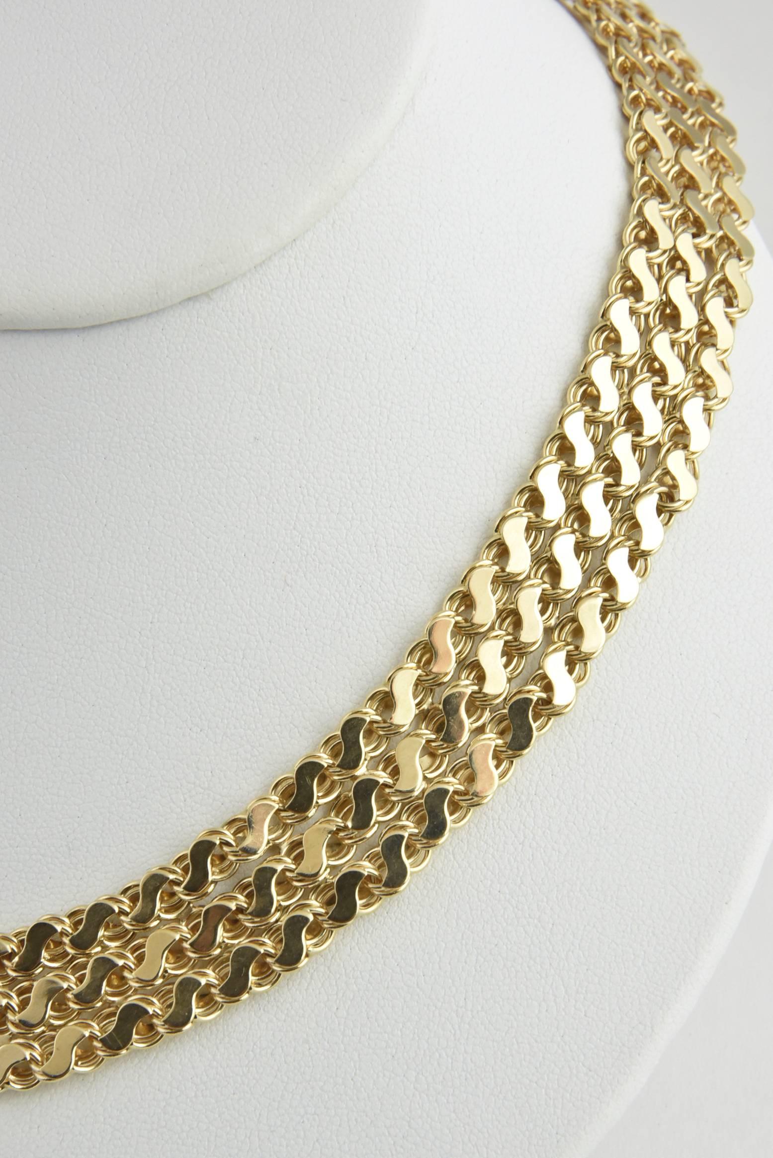 Mid Century Wide Triple Row Interwoven Gold S Link Chain Necklace 2