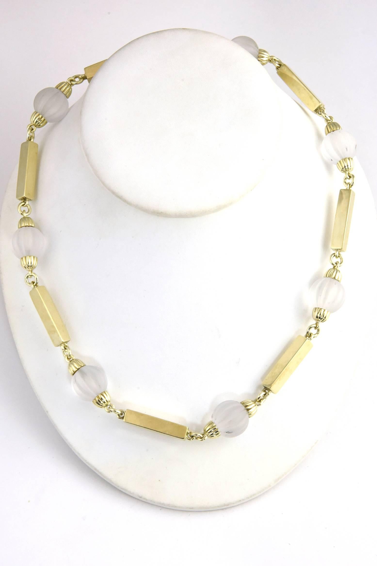 Women's 1970s La Triomphe Rock Crystal Fluted Beads and Gold Bar Necklace