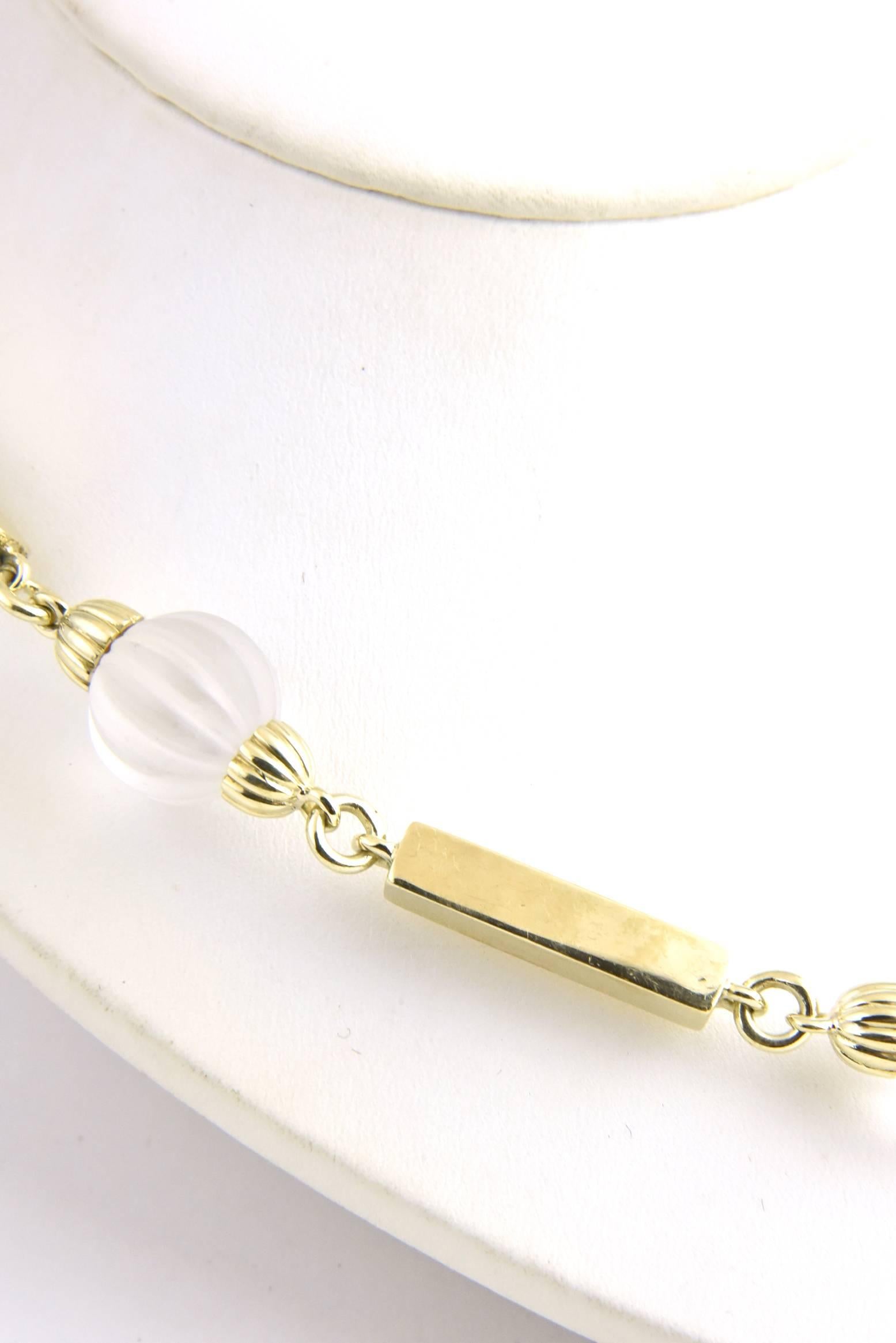 1970s La Triomphe Rock Crystal Fluted Beads and Gold Bar Necklace 1