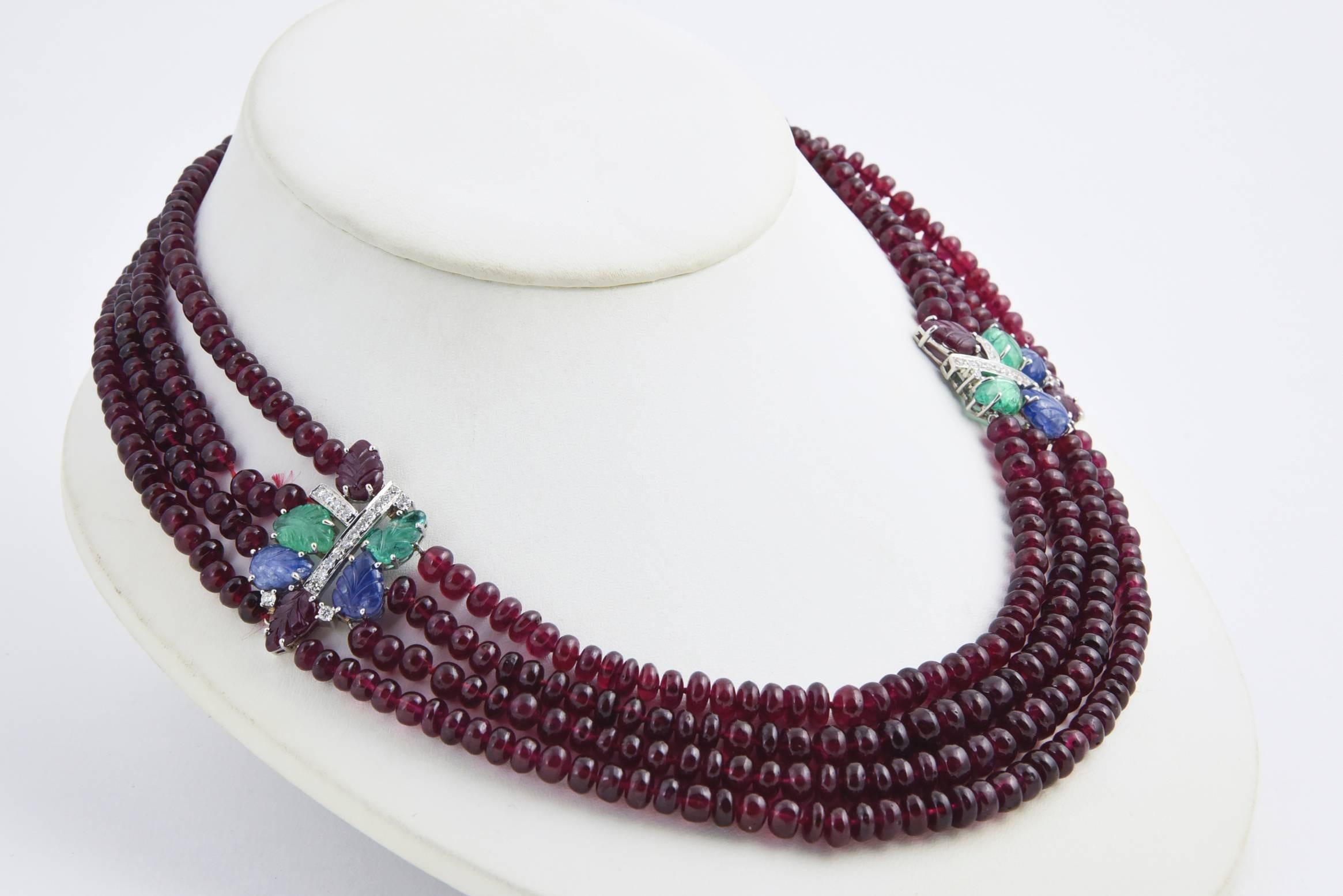 Ruby Bead Necklace with Tutti Fruiti Emerald Diamond Sapphire Ruby Gold Spacers For Sale 2