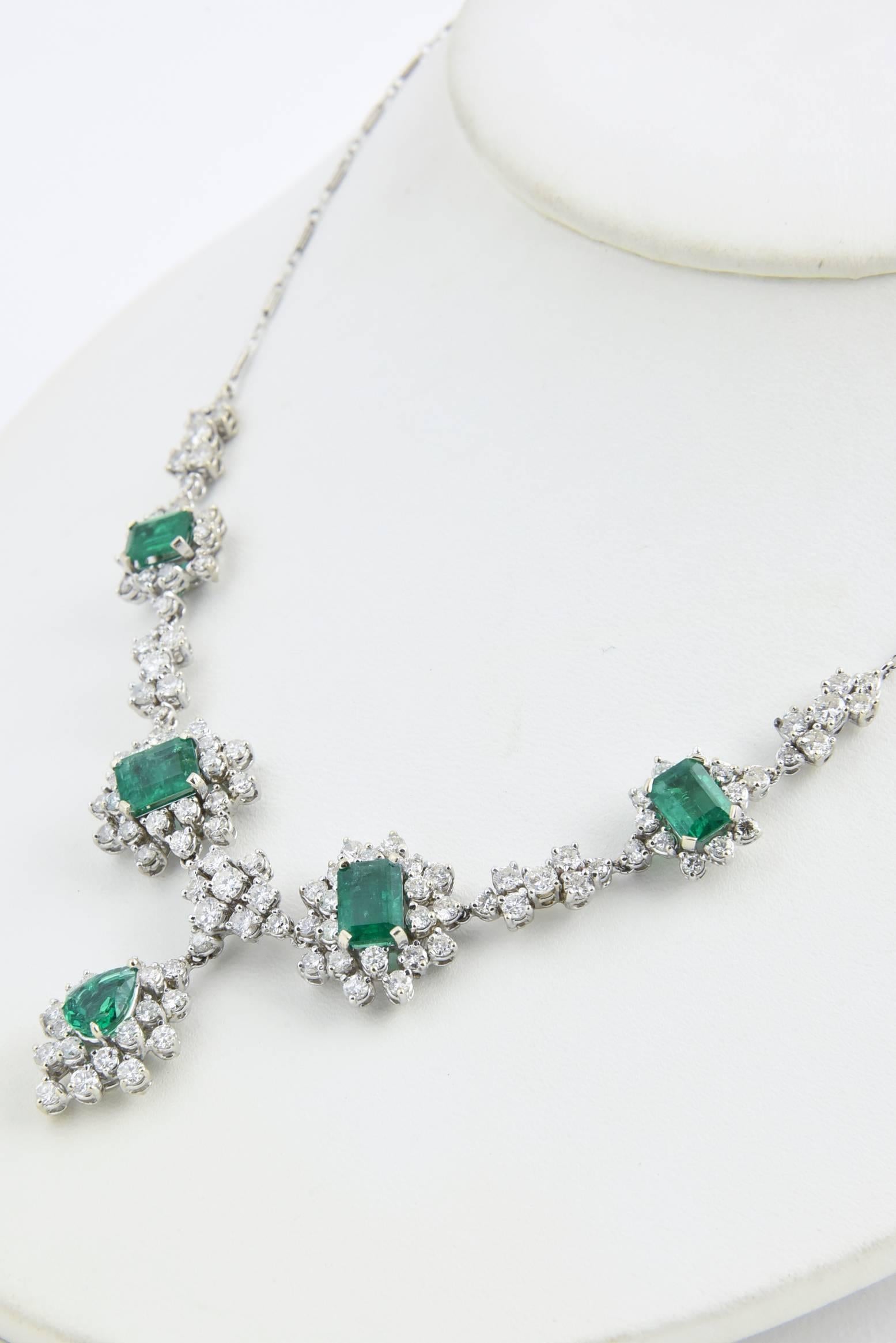 Emerald Cut 1950s Zambian Emerald, Diamond and Gold Necklace, Red Carpet Style GIA Cert For Sale