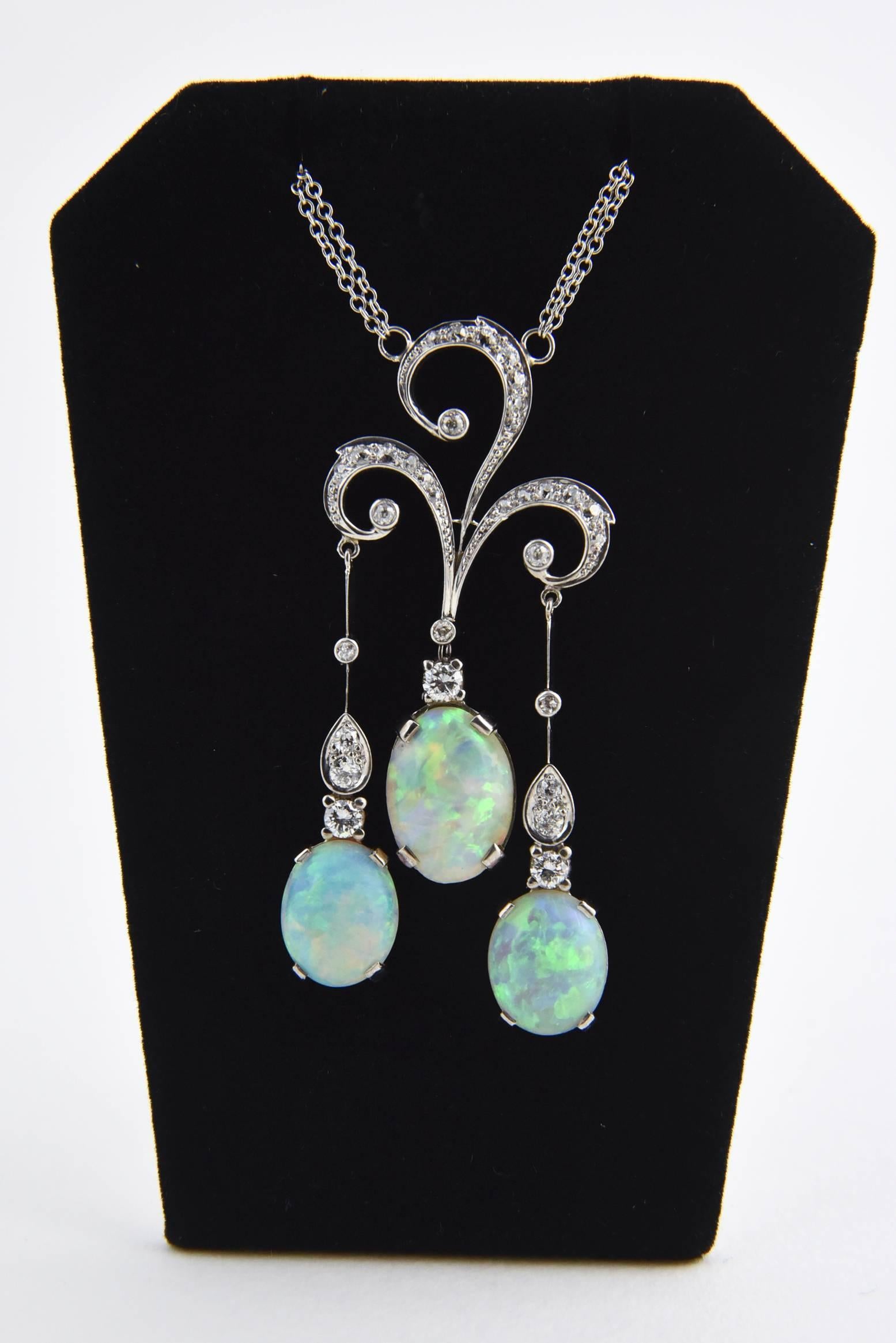 Early 20th Century opal and diamond 14k white gold negligee necklace featuring fine quality gray crystal opal and diamonds.