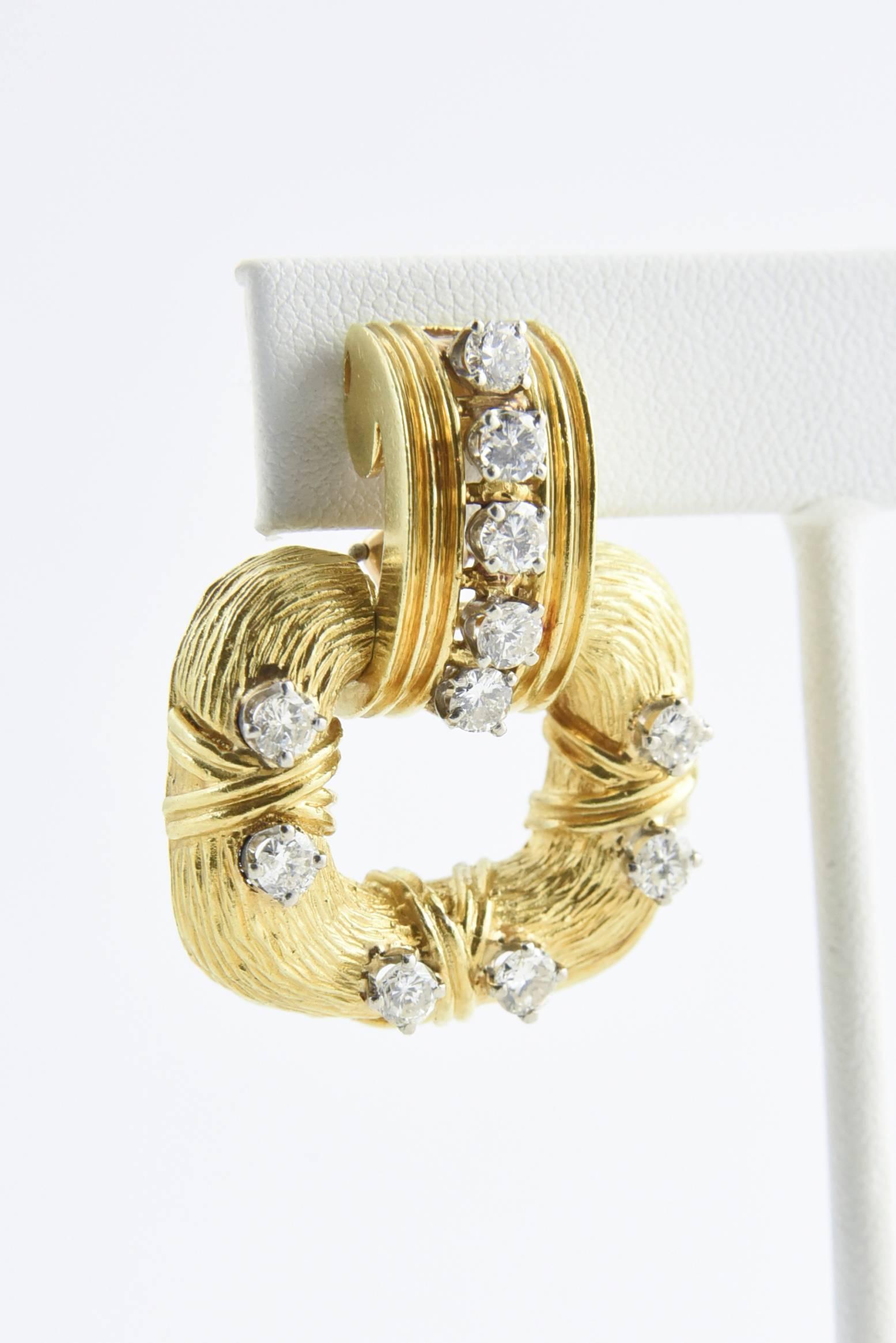 Women's 1970s La Triomphe Large Dangling Diamond Gold Door Knocker Earrings
