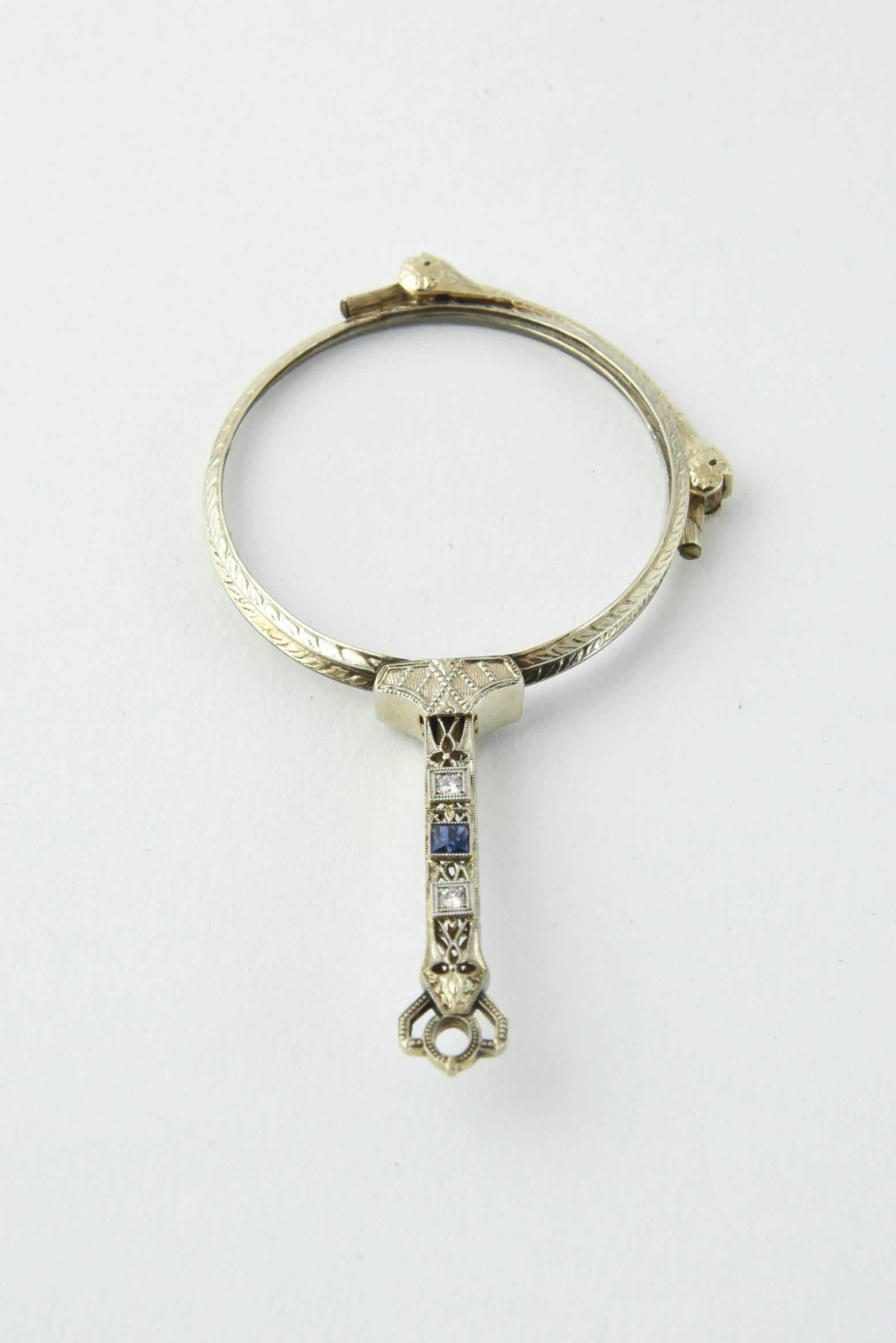 Edwardian Sapphire Diamond Filigree Platinum Lorgnette In Excellent Condition In Miami Beach, FL