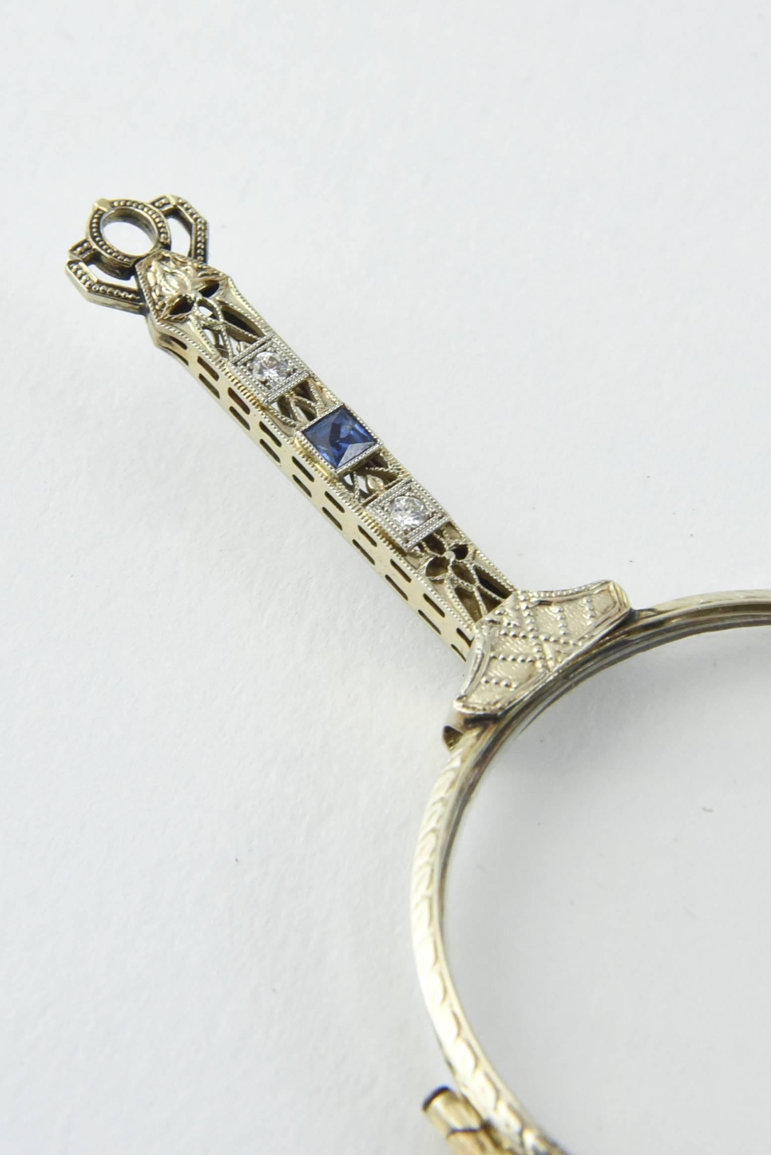 Lorgnette aus filigranem Platin mit Saphir und Diamant im Edwardianischen Stil für Damen oder Herren