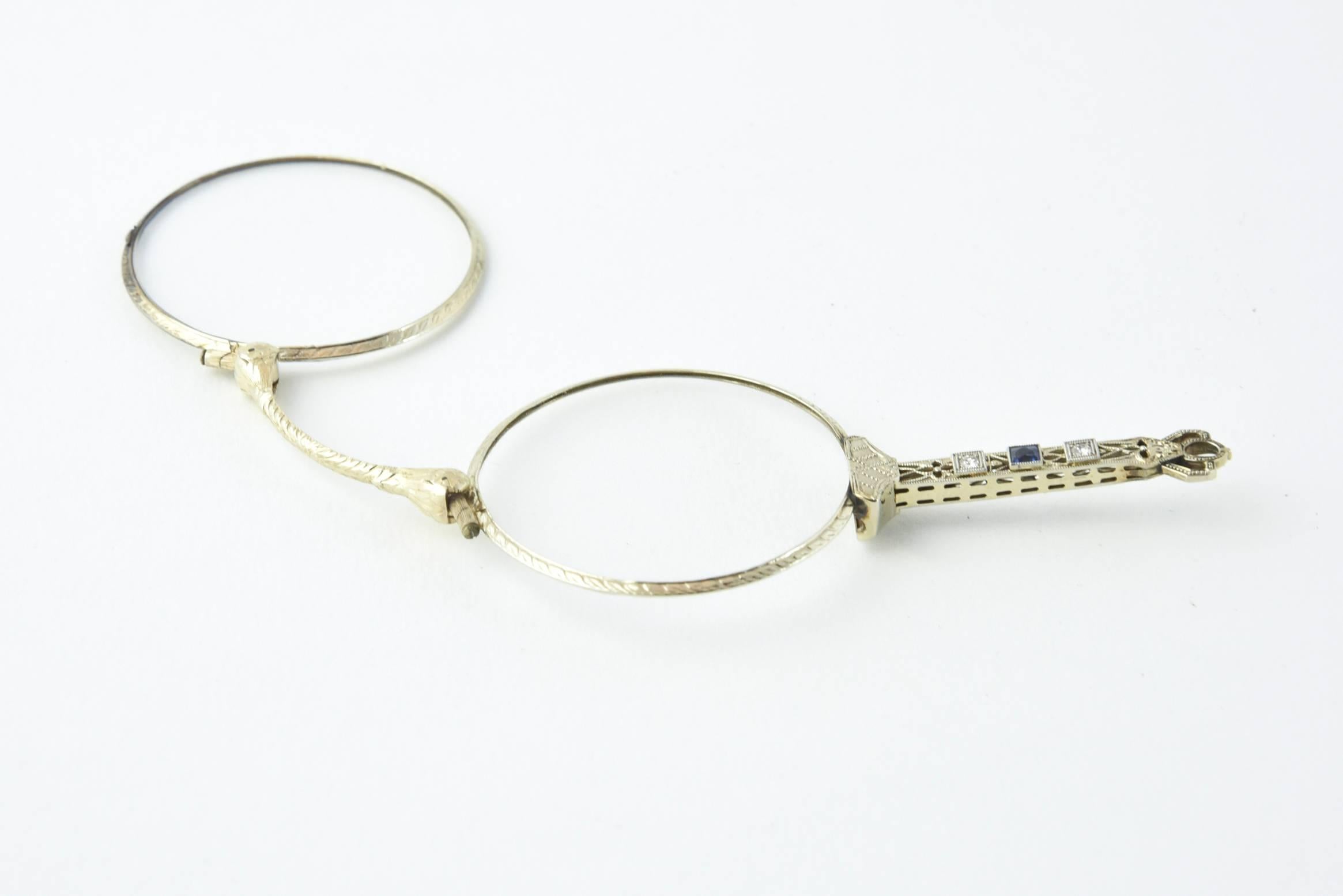 Lorgnette aus filigranem Platin mit Saphir und Diamant im Edwardianischen Stil 4