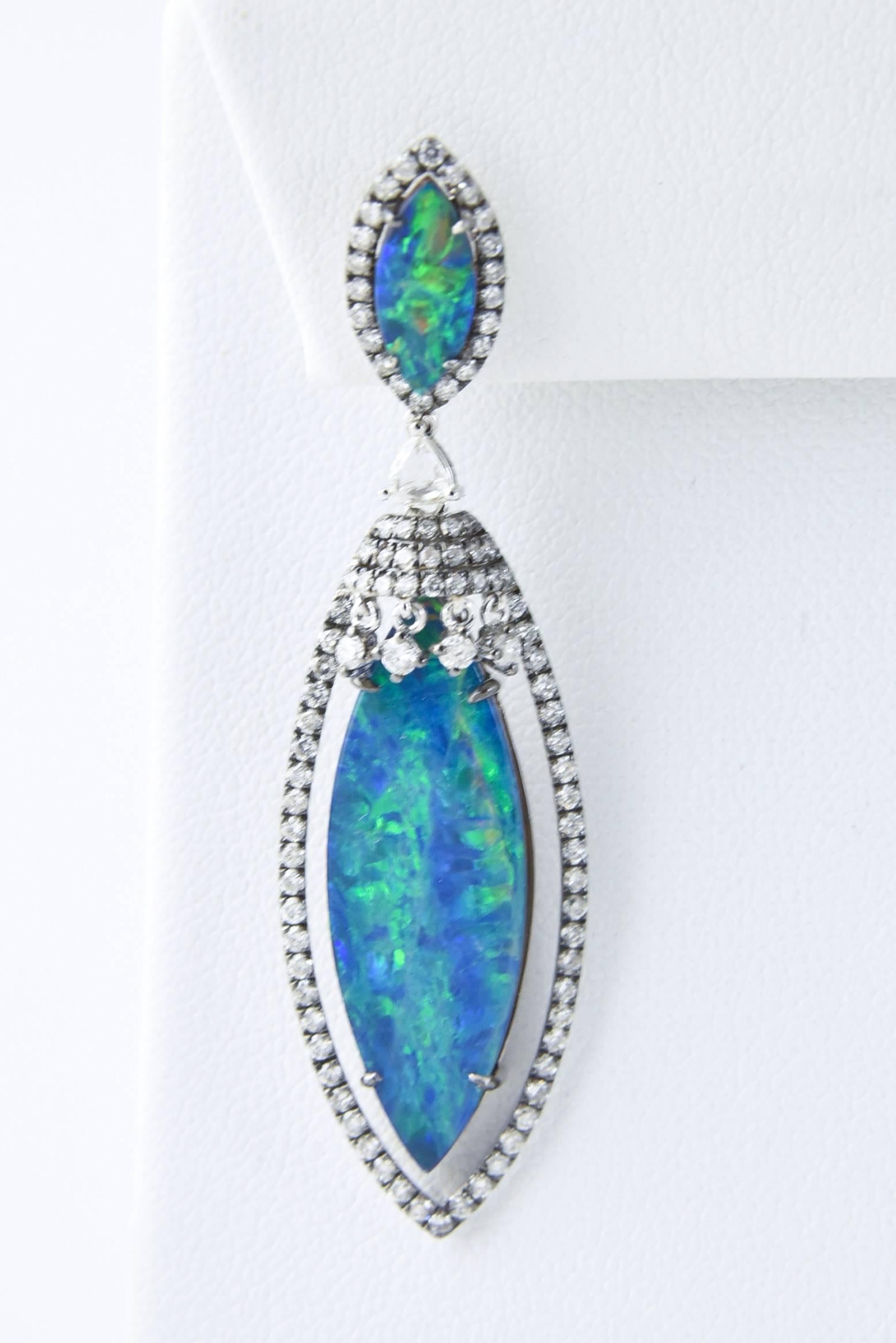 Contemporary Opal Diamond Gold Drop Dangling Earrings For Sale