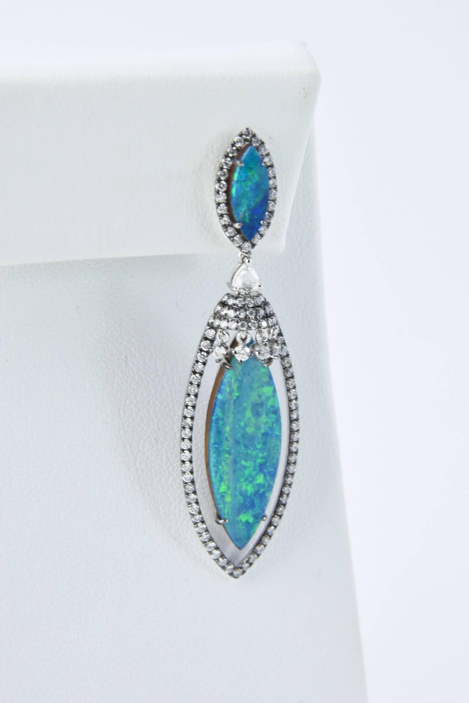 Opal Diamond Gold Drop Dangling Earrings For Sale 1