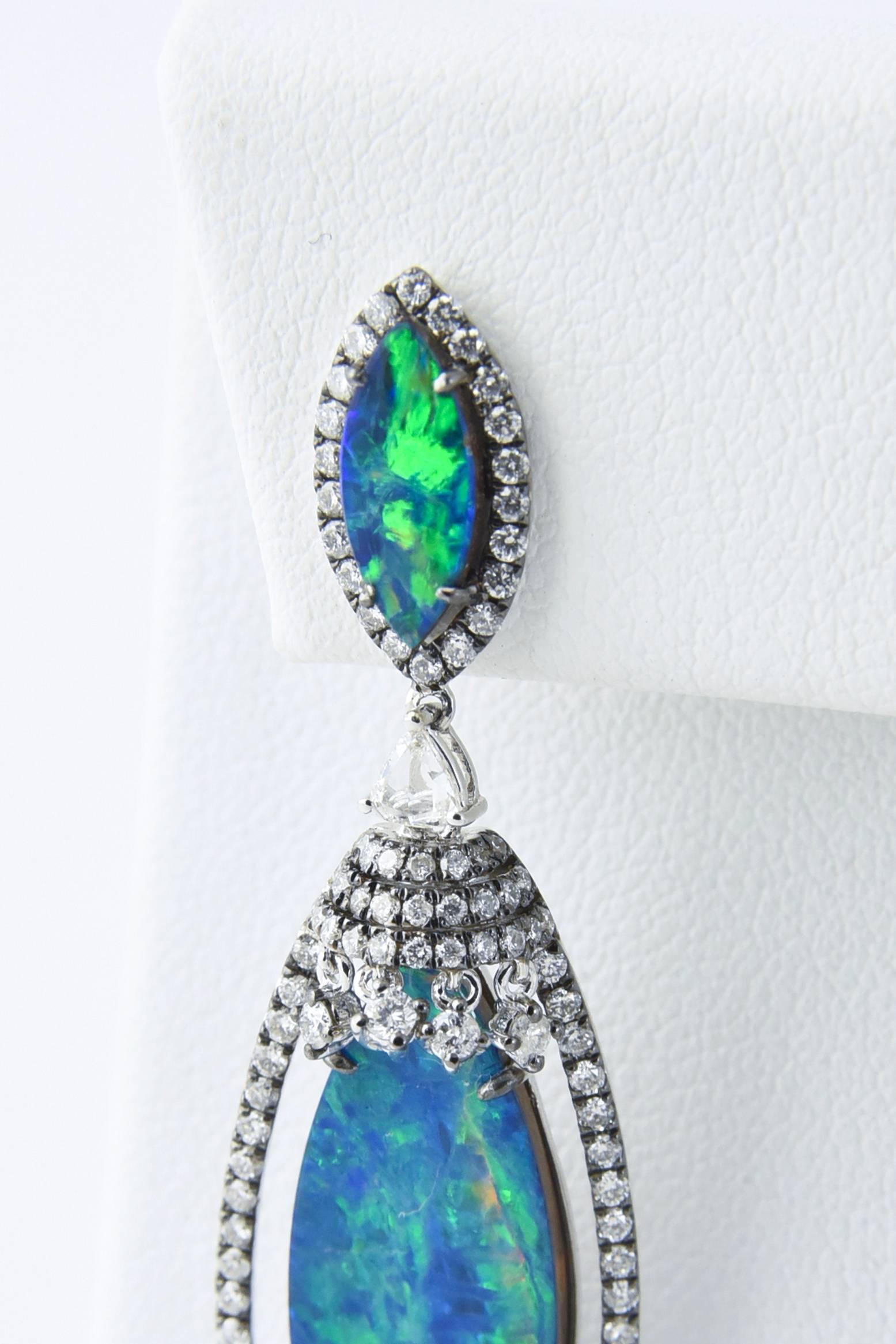 Opal Diamond Gold Drop Dangling Earrings For Sale 2