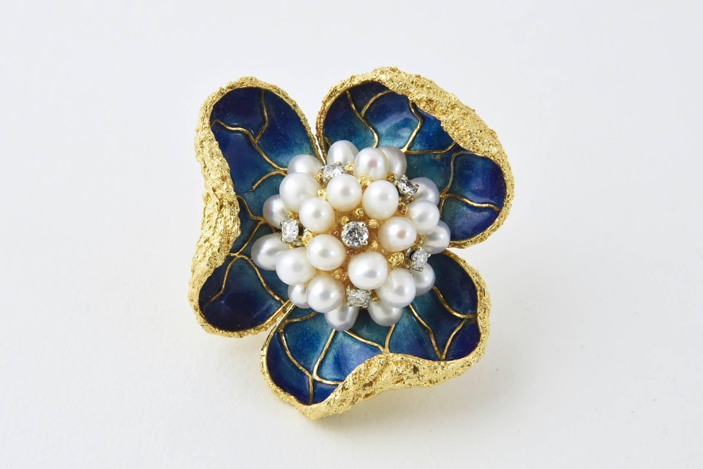 Fantastic Blue Enamel Pearl Diamond Gold Flower Brooch  3