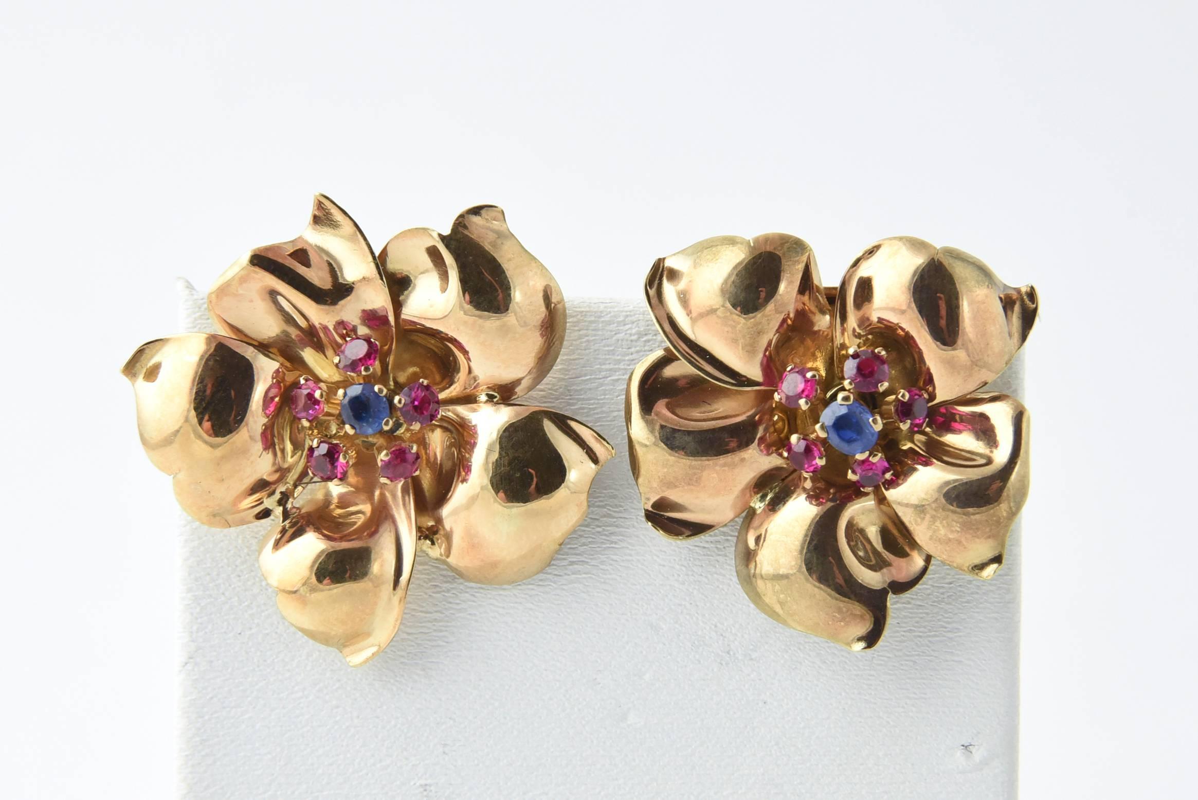 Women's 1940s Retro Sapphire Ruby Rose Gold Flower Earrings Clips