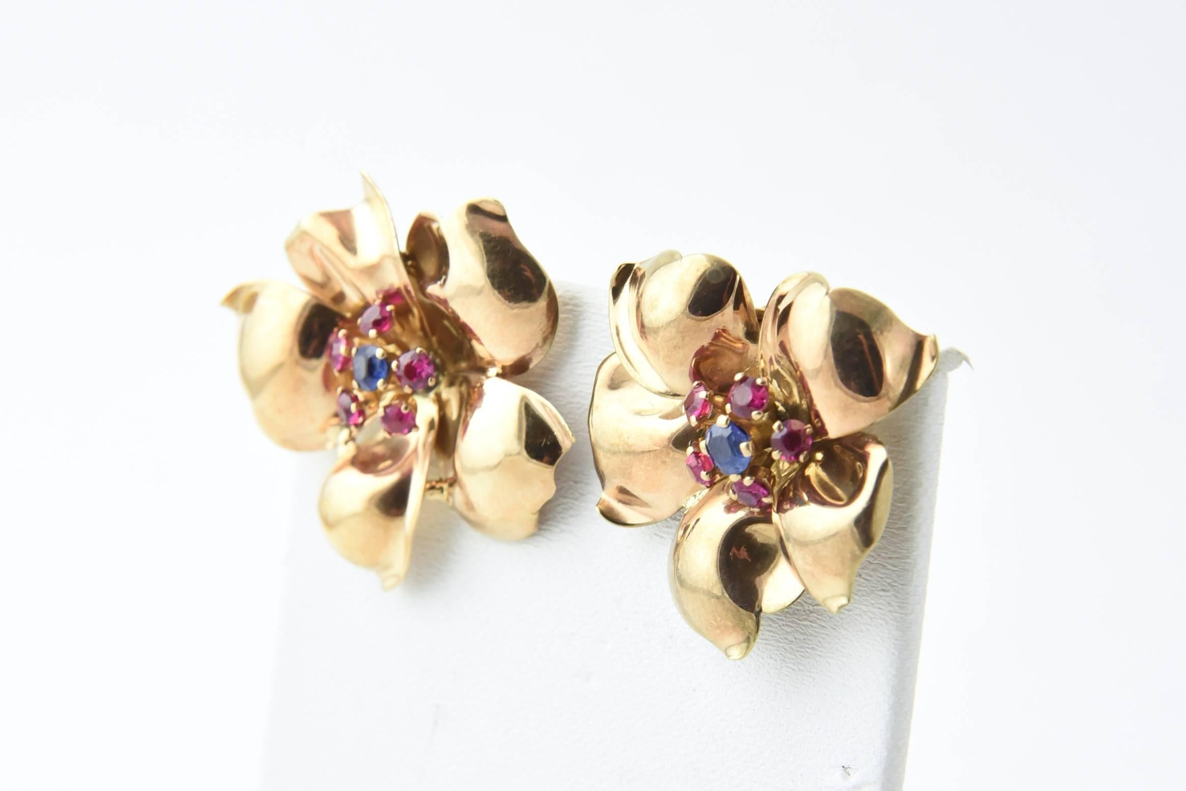 1940s Retro Sapphire Ruby Rose Gold Flower Earrings Clips 1