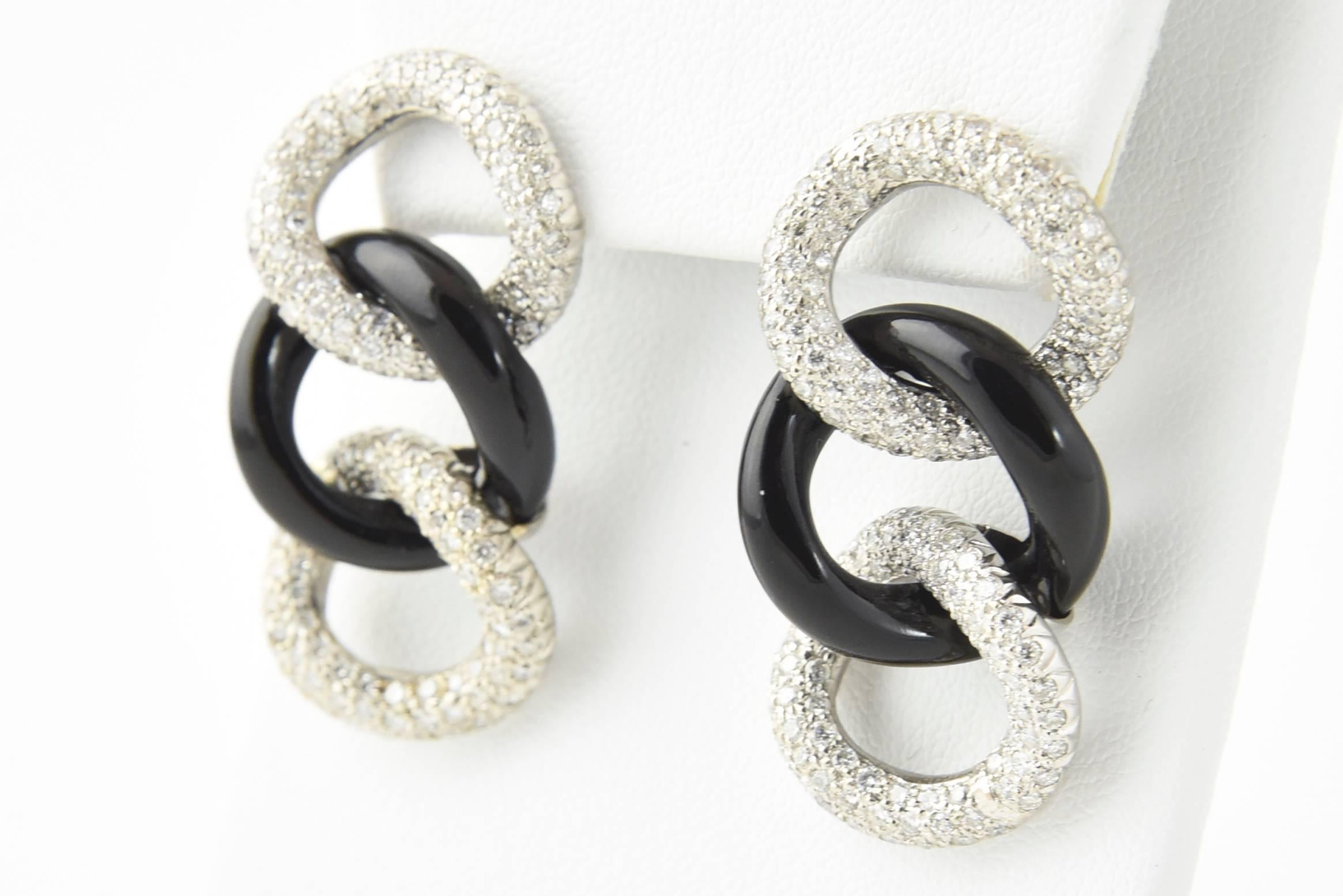 Contemporary Pave Diamond and Onyx Link Dangling Earrings