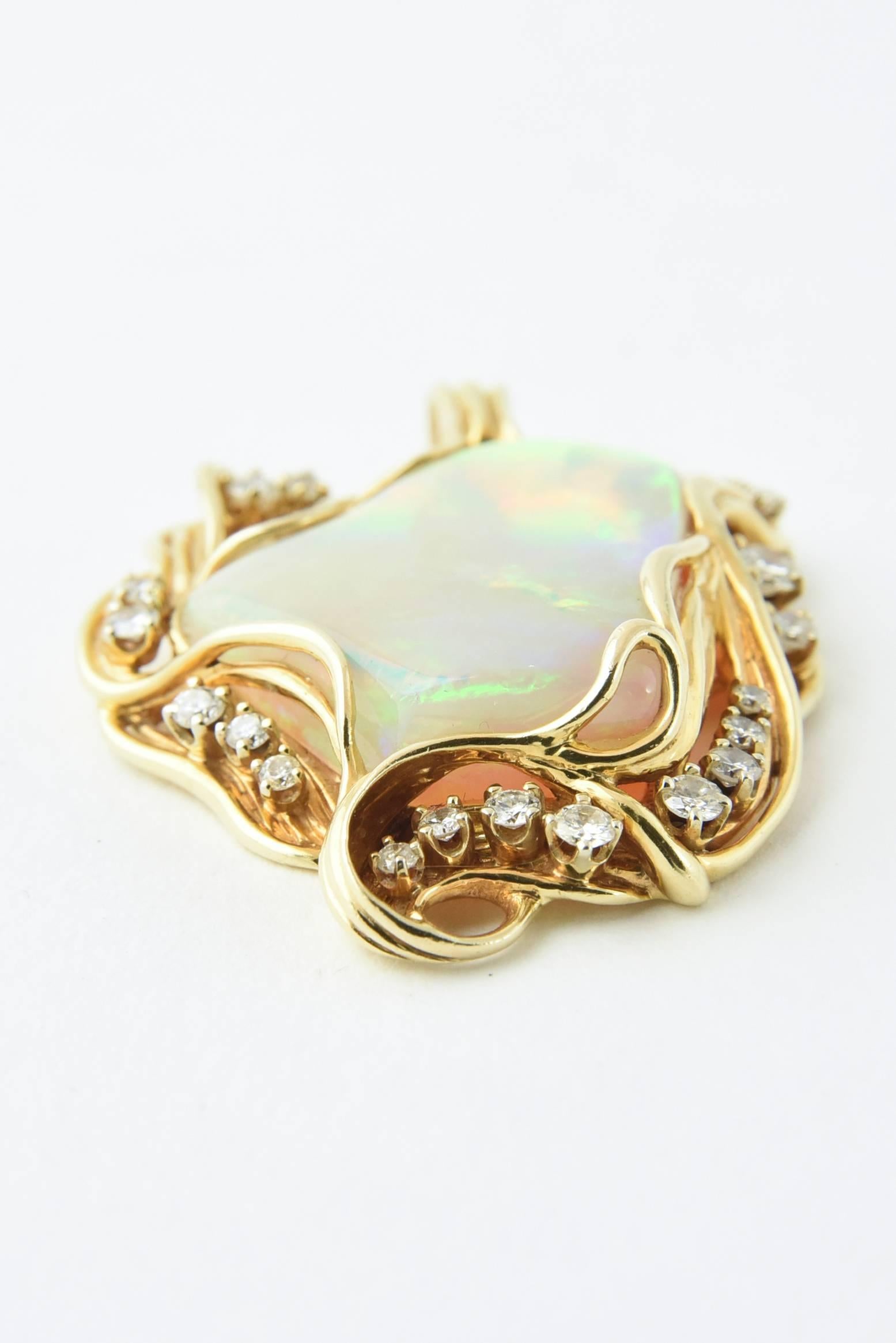 Square Cut 1960s Freeform Australian Gray Broad Flash Opal Diamond Gold Pendant Necklace For Sale