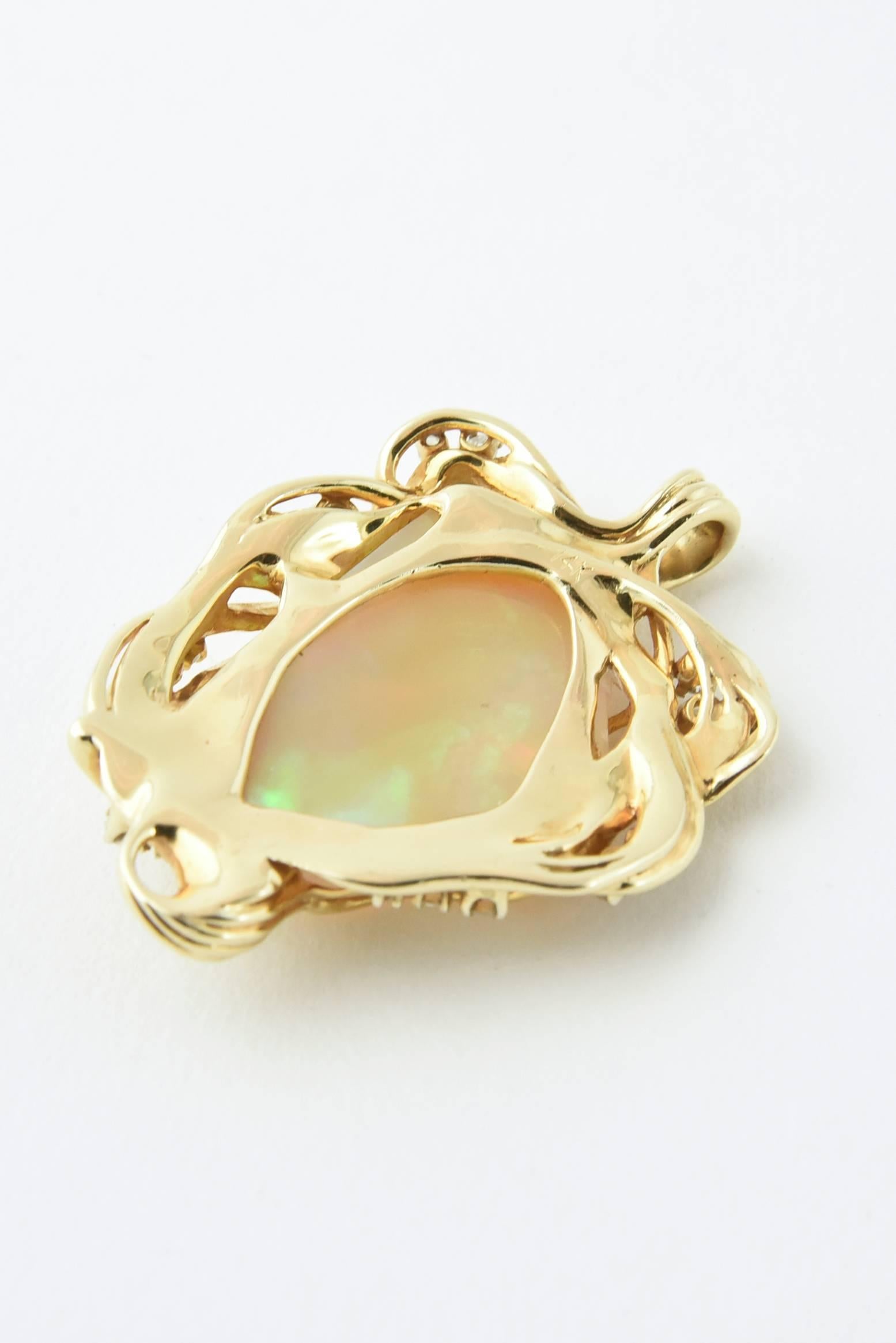 1960s Freeform Australian Gray Broad Flash Opal Diamond Gold Pendant Necklace In Good Condition For Sale In Miami Beach, FL
