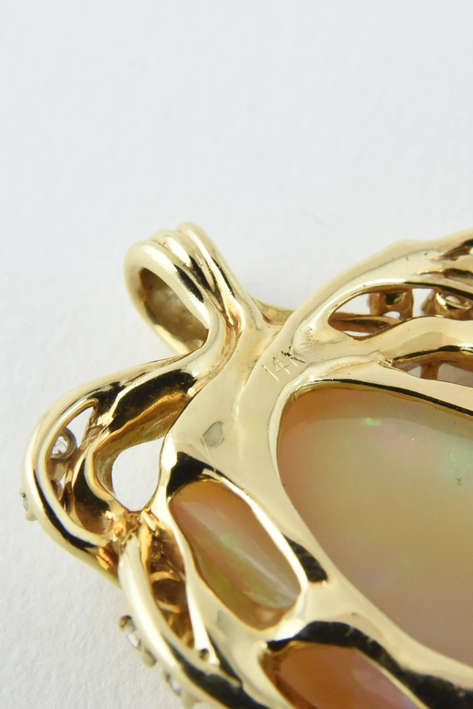 Women's or Men's 1960s Freeform Australian Gray Broad Flash Opal Diamond Gold Pendant Necklace For Sale