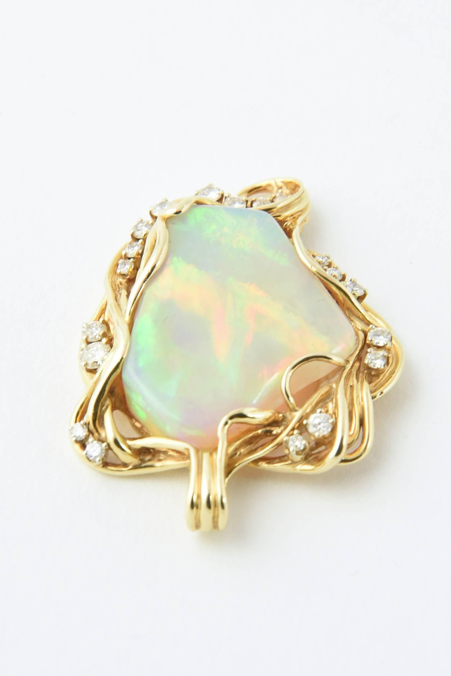1960s Freeform Australian Gray Broad Flash Opal Diamond Gold Pendant Necklace For Sale 1