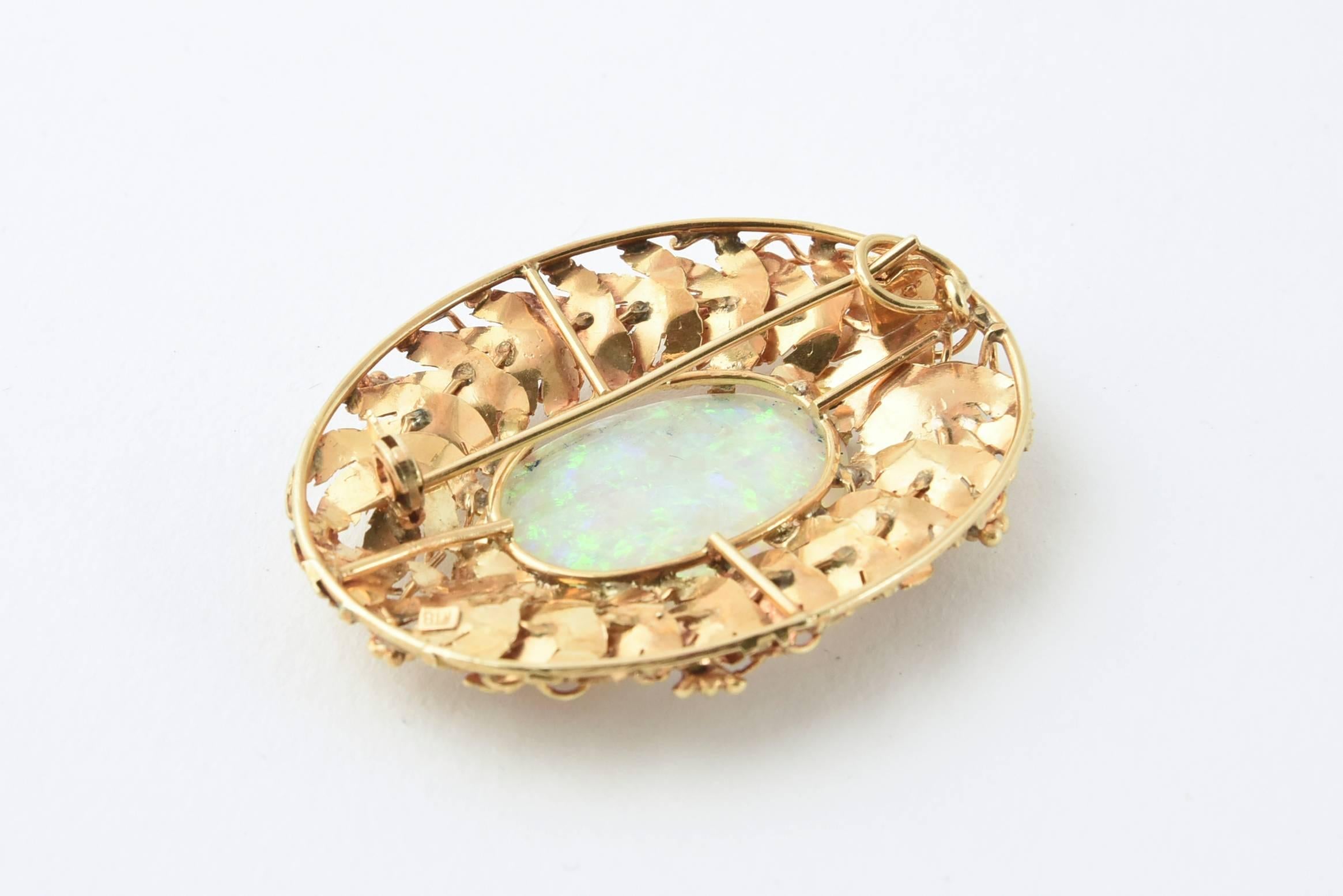 Women's or Men's 1960s Crystal Opal Gold Grape Vine Design Center Brooch Pendant
