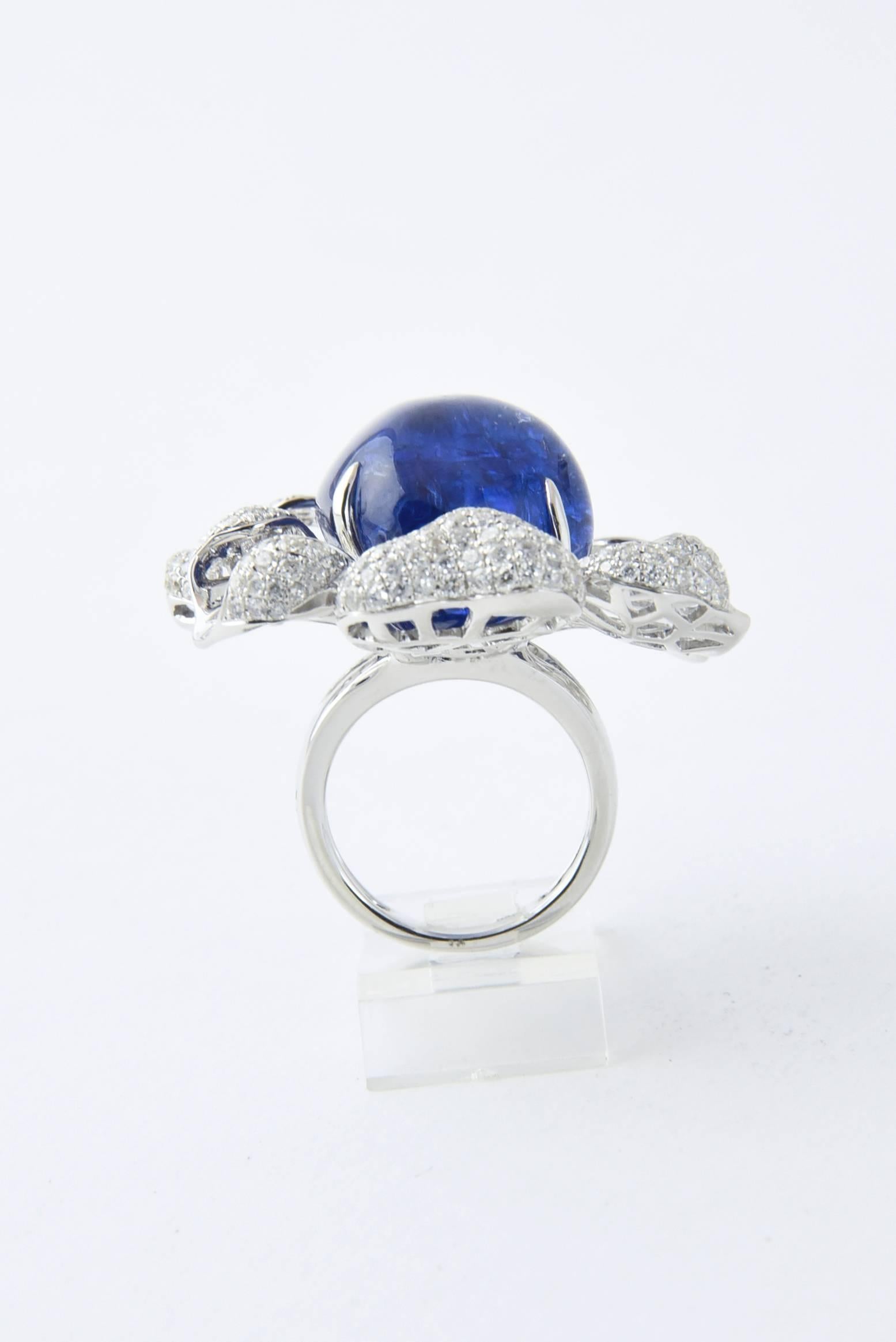Contemporary Modern Large Tanzanite Diamond Gold Flower Statement Ring For Sale