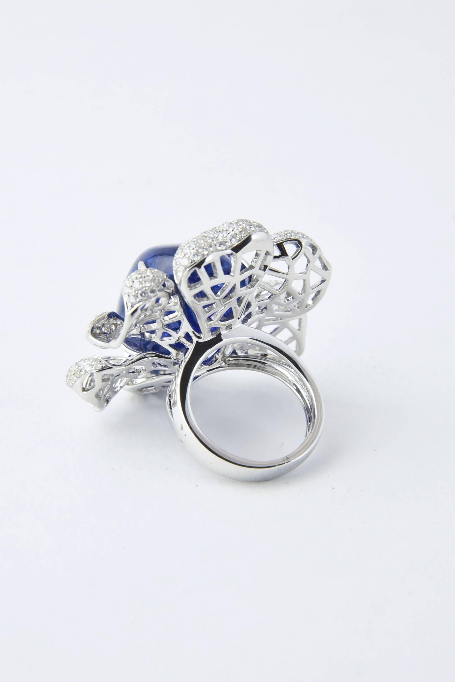 Modern Large Tanzanite Diamond Gold Flower Statement Ring In Excellent Condition For Sale In Miami Beach, FL
