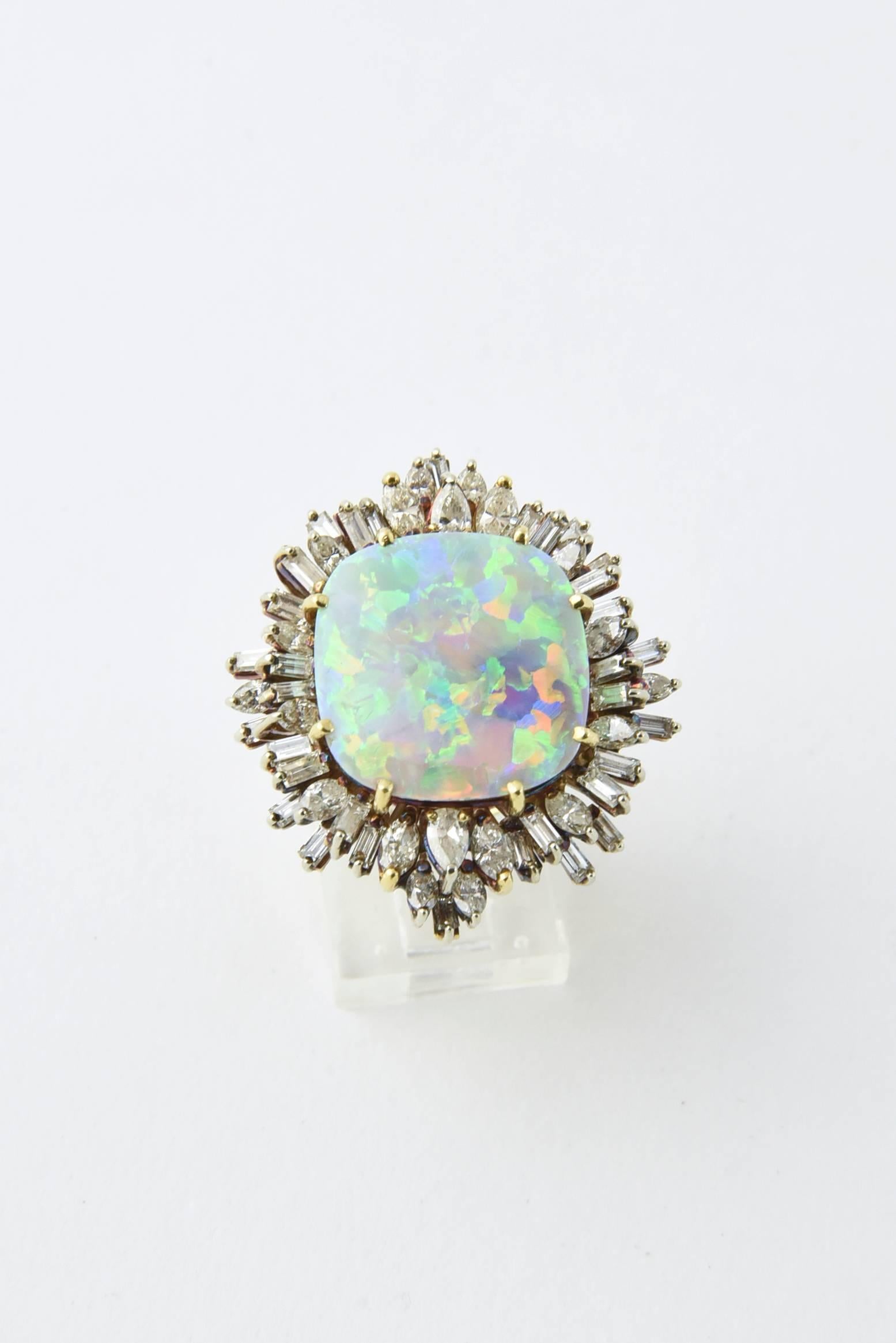 Square Cut Intense Gray Crystal Opal Diamond Gold Ring For Sale