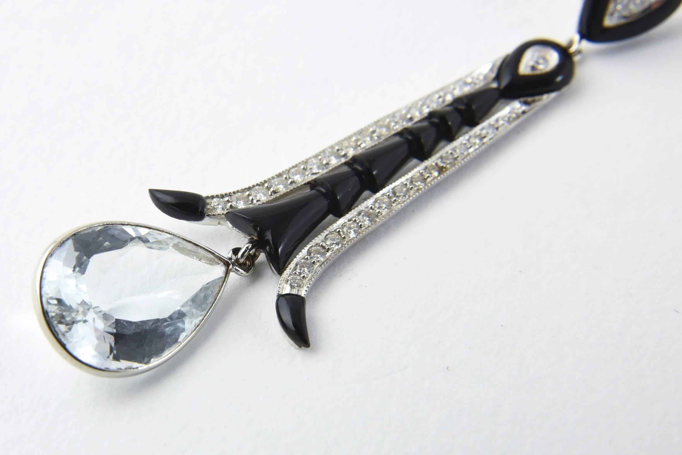 Aquamarine Onyx Diamond Gold Dangle Earrings 1
