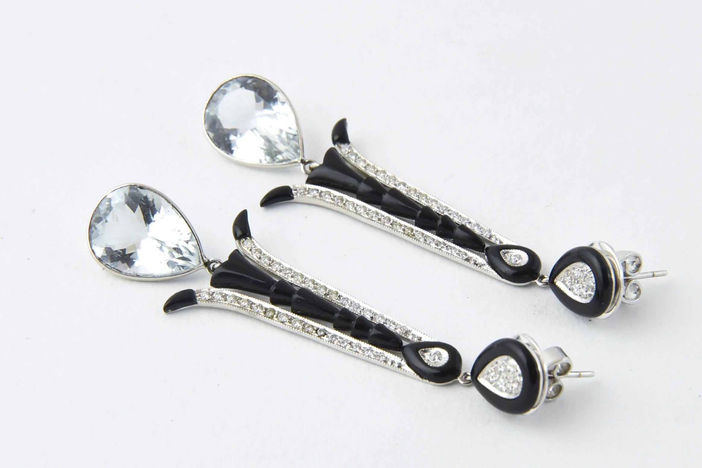 Aquamarine Onyx Diamond Gold Dangle Earrings 2
